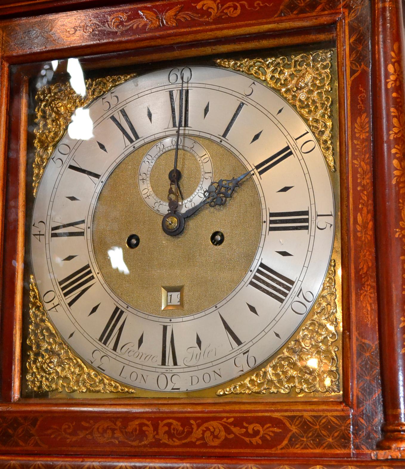 Excellent 19th century English red lacquered chinoiserie tall case clock with movement by George Tyler, London.