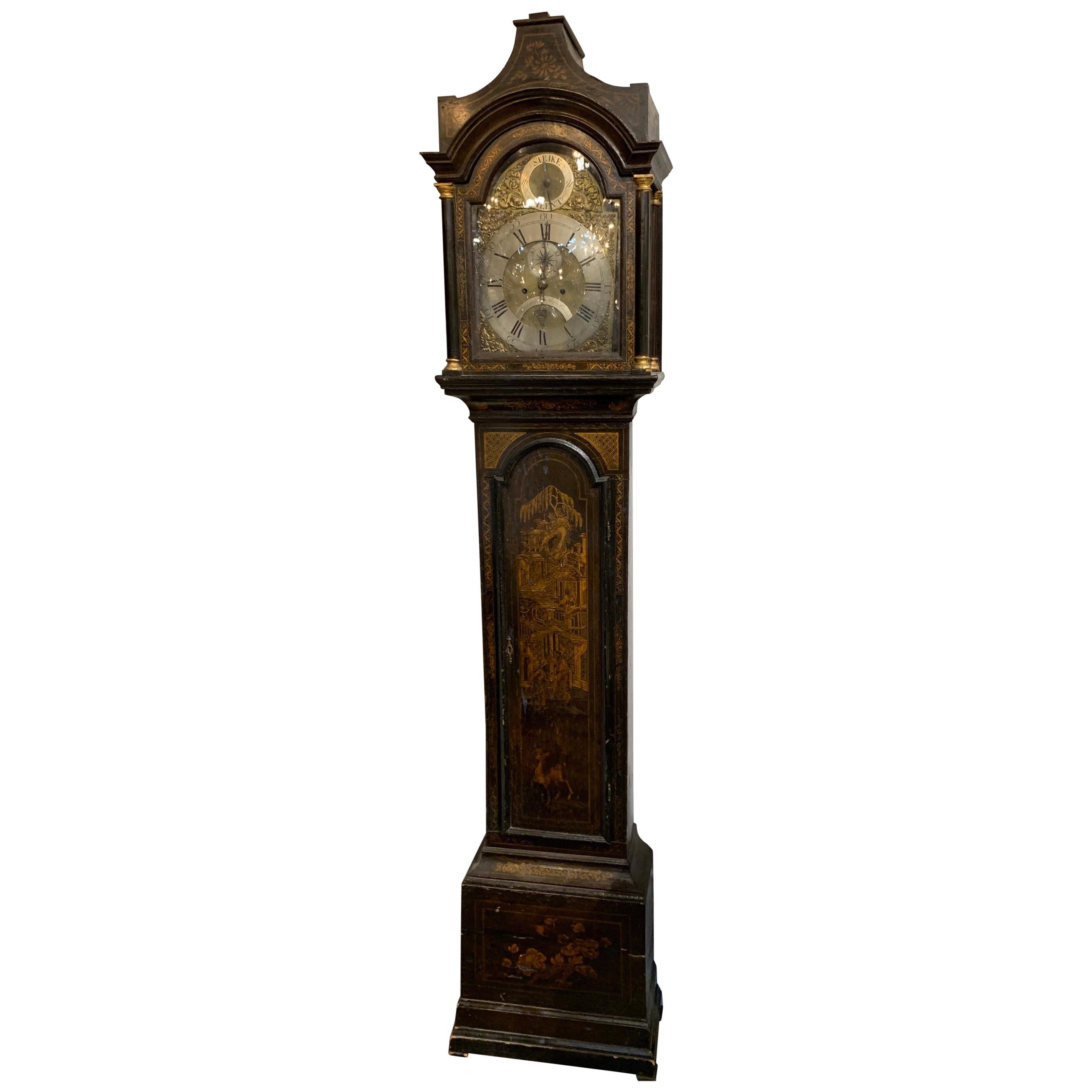 19th Century English Chinoiserie Tall Case Clock For Sale