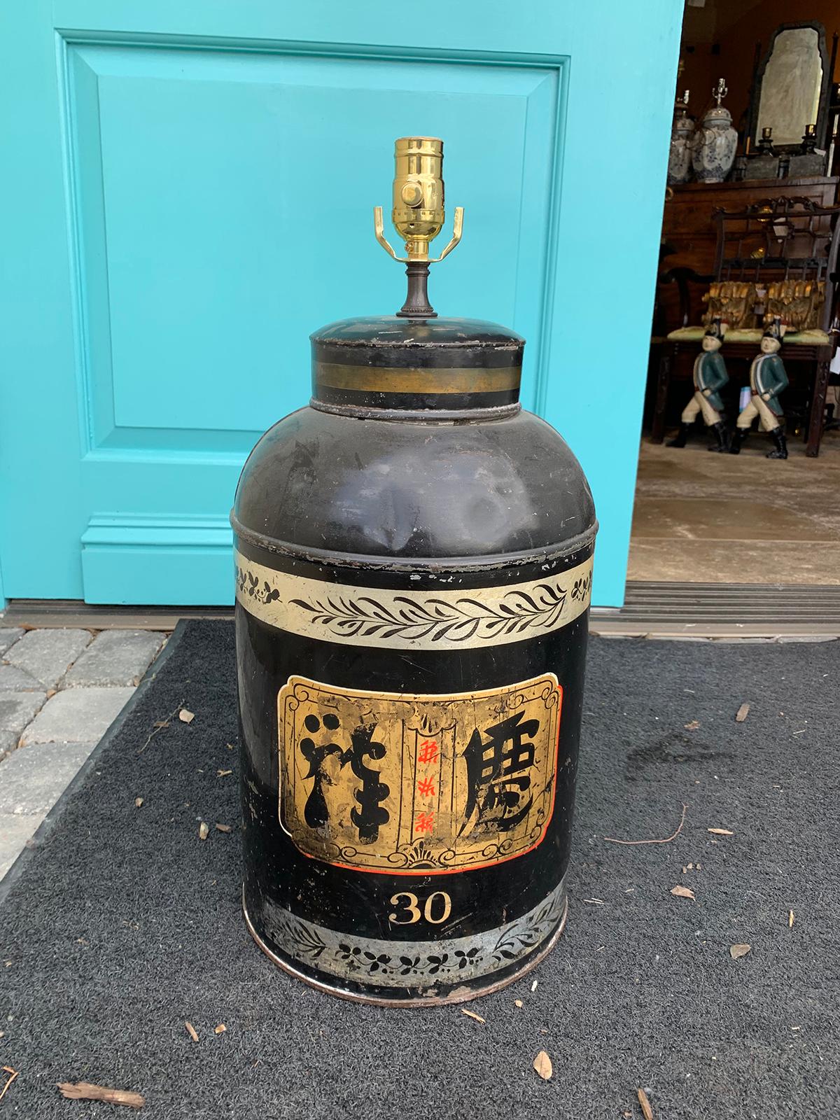 19th century English chinoiserie Toleware tea tin as lamp.