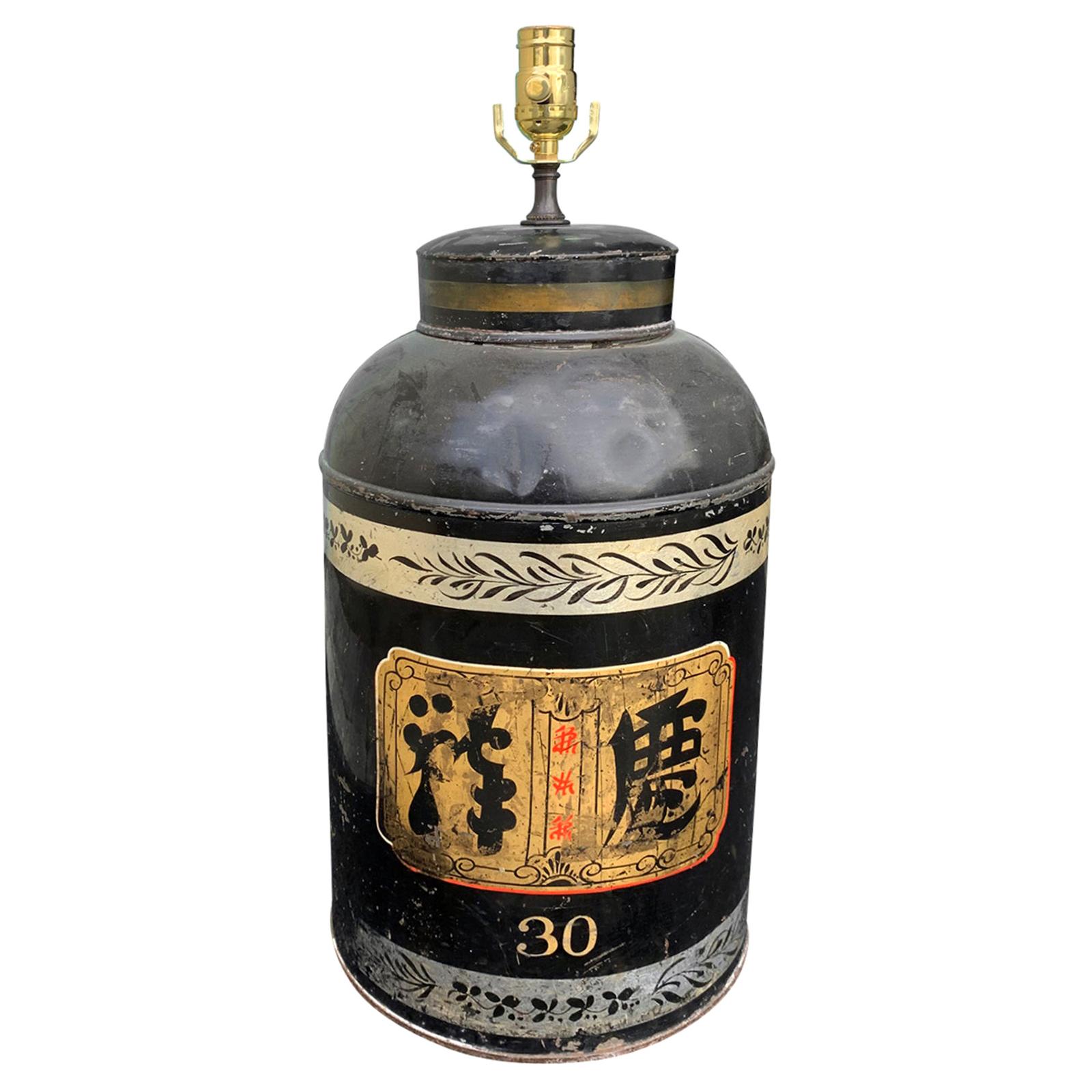 19th Century English Chinoiserie Toleware Tea Tin as Lamp