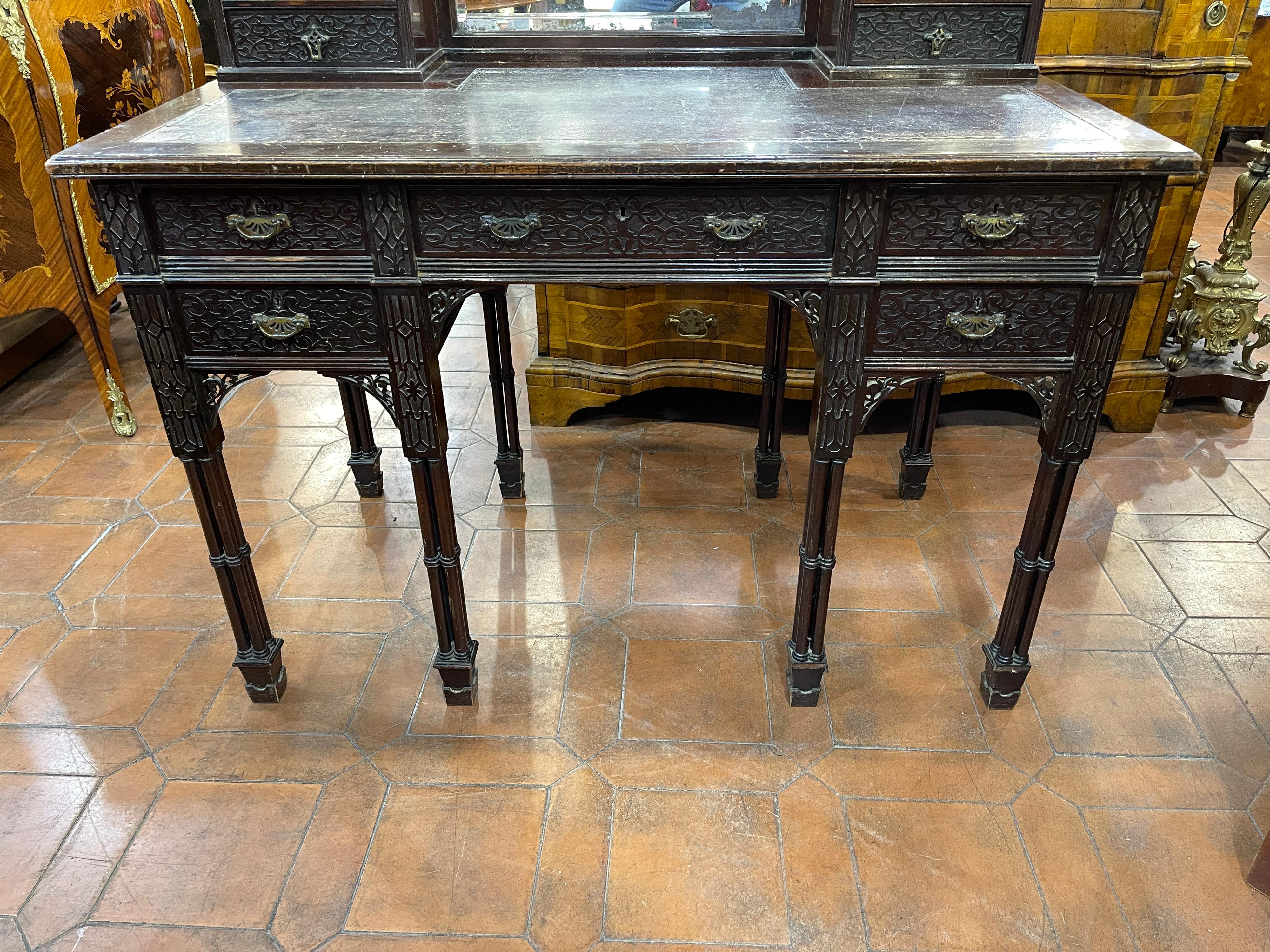 Hand-Carved 19th Century Late Victorian Mahogany Writing Table Signed Edwards & Roberts 1880 For Sale