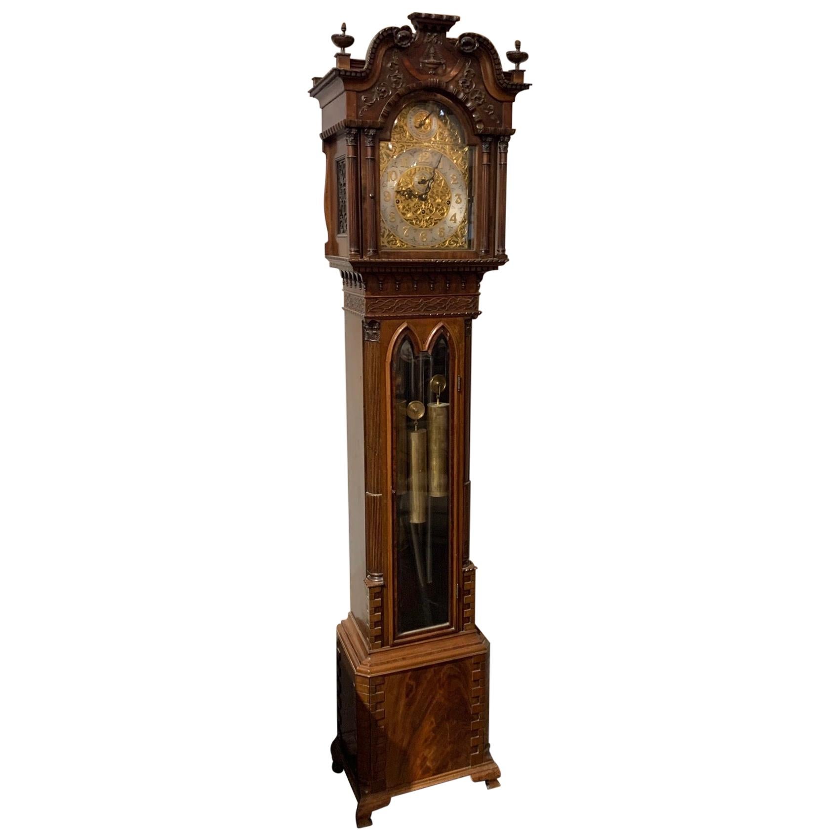 19th Century English Chippendale Long Case Grandfather Clock For Sale