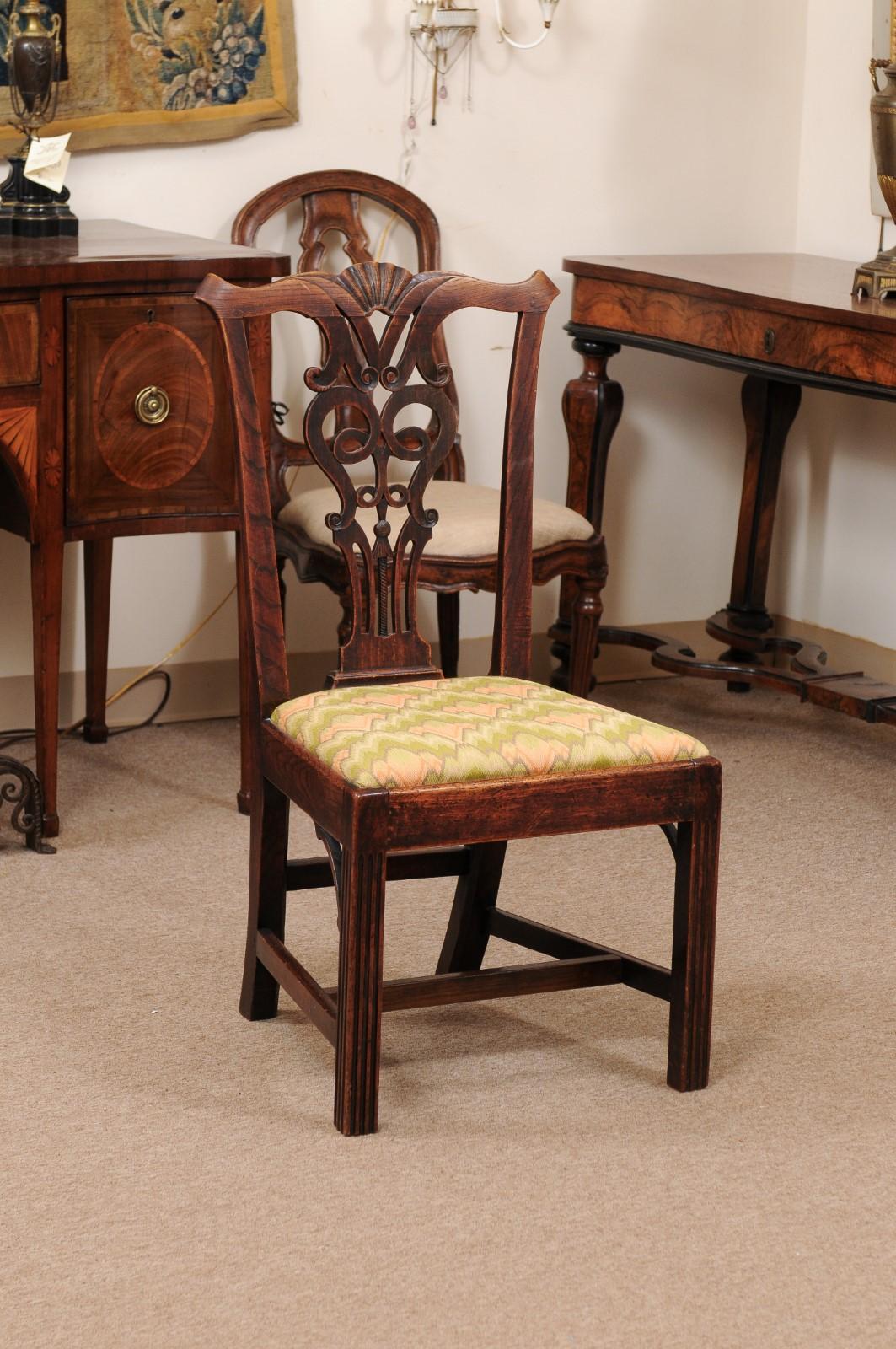 19th Century English Chippendale Side Chair in Ash with Pierced Back Splat & Box Stretcher