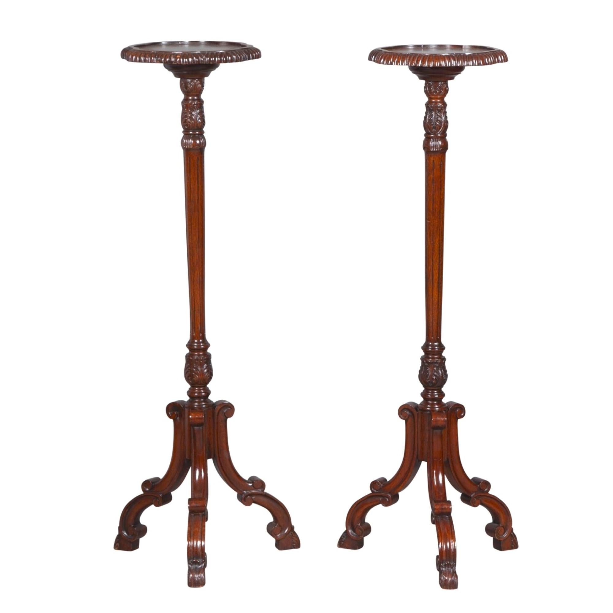 19th Century English Chippendale Style Pair Tripod Foot Candle Stand / Pedestal For Sale 2