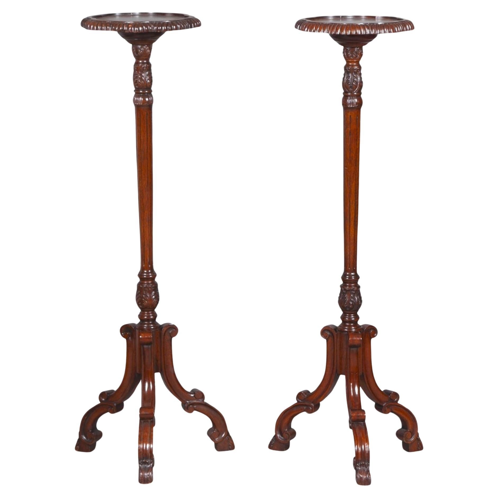 19th Century English Chippendale Style Pair Tripod Foot Candle Stand / Pedestal For Sale