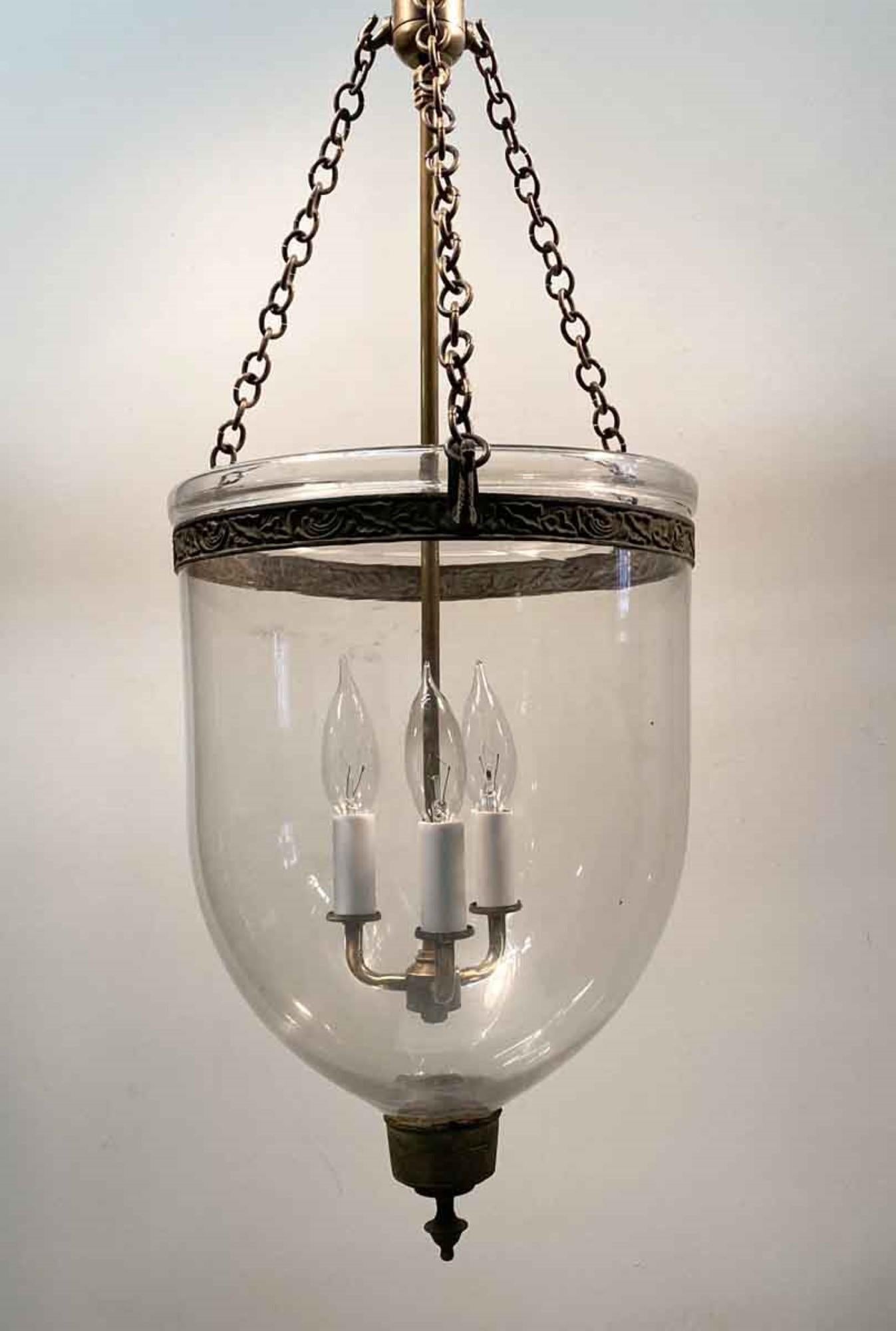 Victorian 19th Century English Clear Bell Jar Pendant Lantern 3 Bulb Cluster