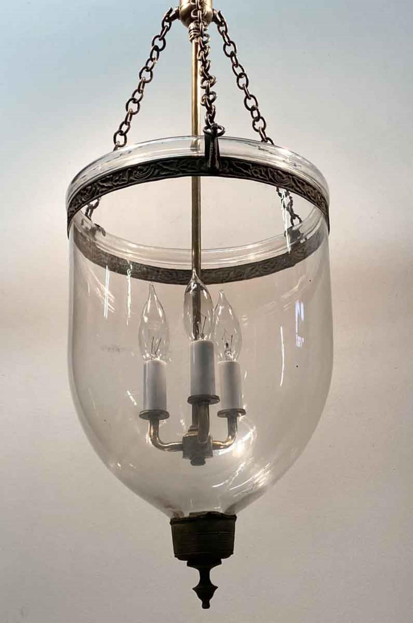 19th Century English Clear Bell Jar Pendant Lantern 3 Bulb Cluster 1