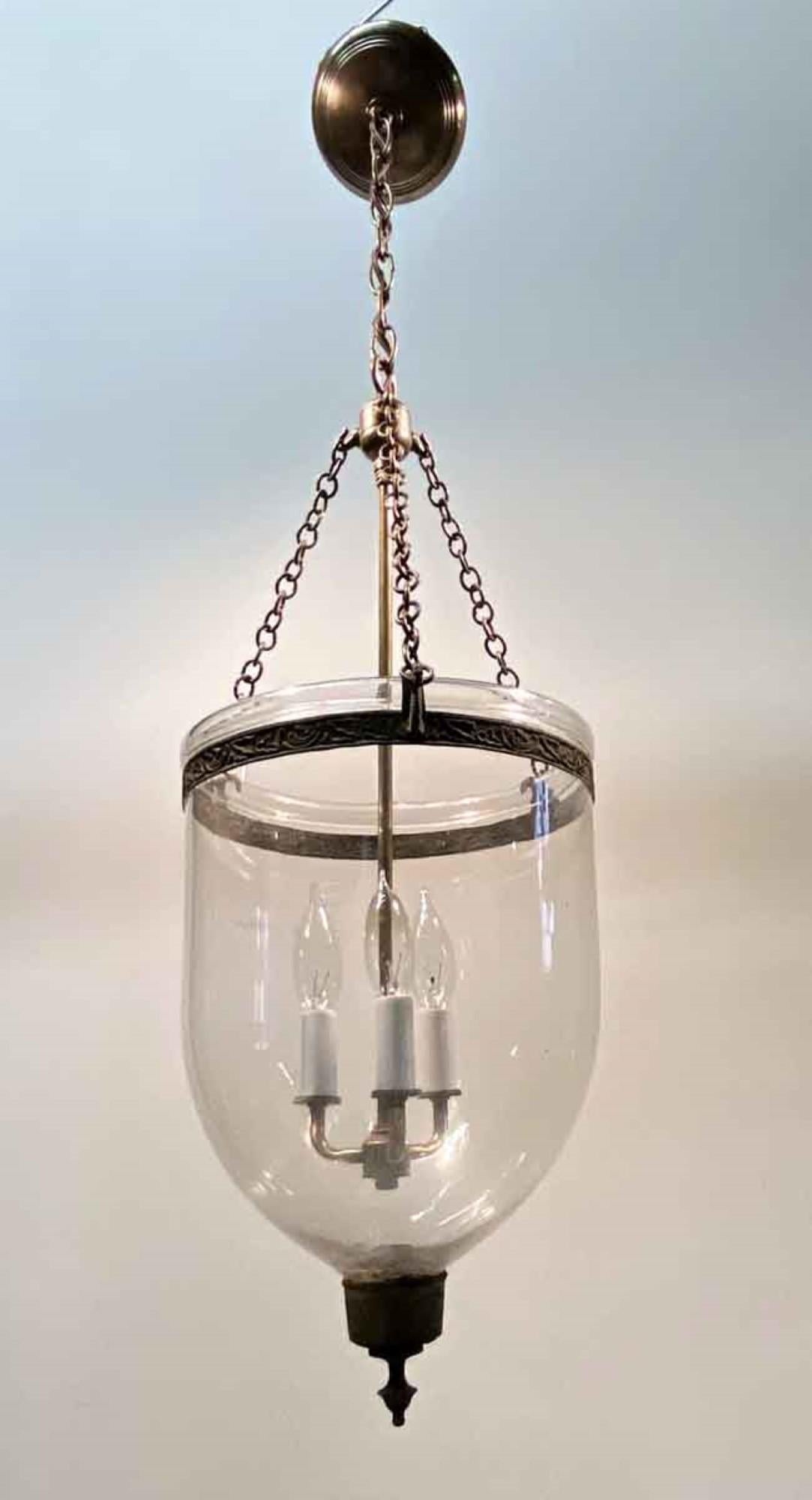 19th Century English Clear Bell Jar Pendant Lantern 3 Bulb Cluster 2