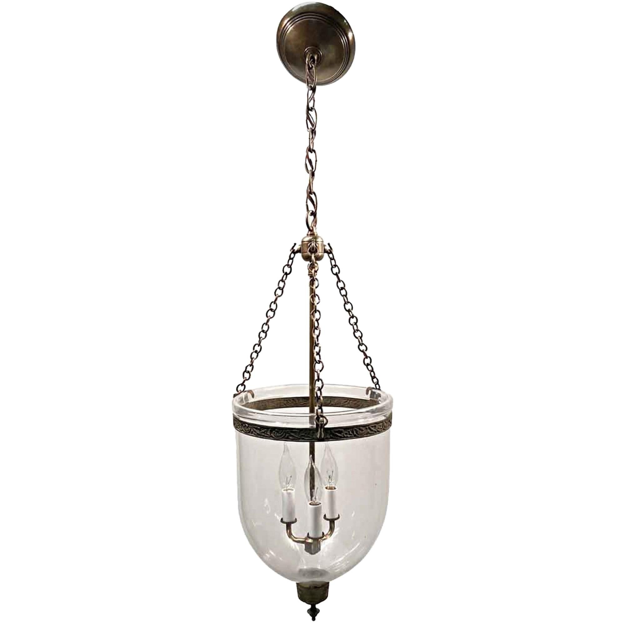 19th Century English Clear Bell Jar Pendant Lantern 3 Bulb Cluster
