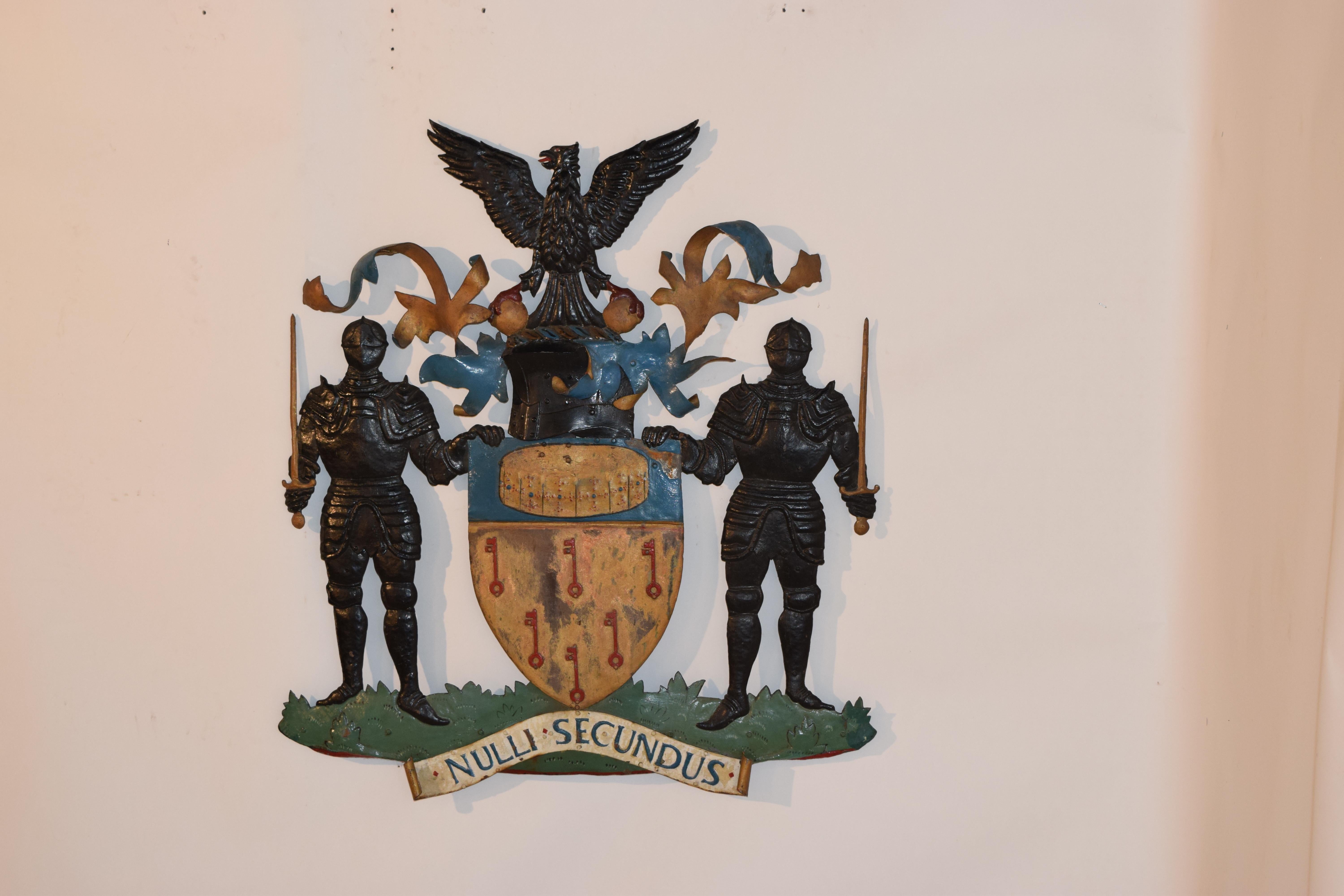 19th century large English coat of arms sign made from iron with hand-painted decoration.