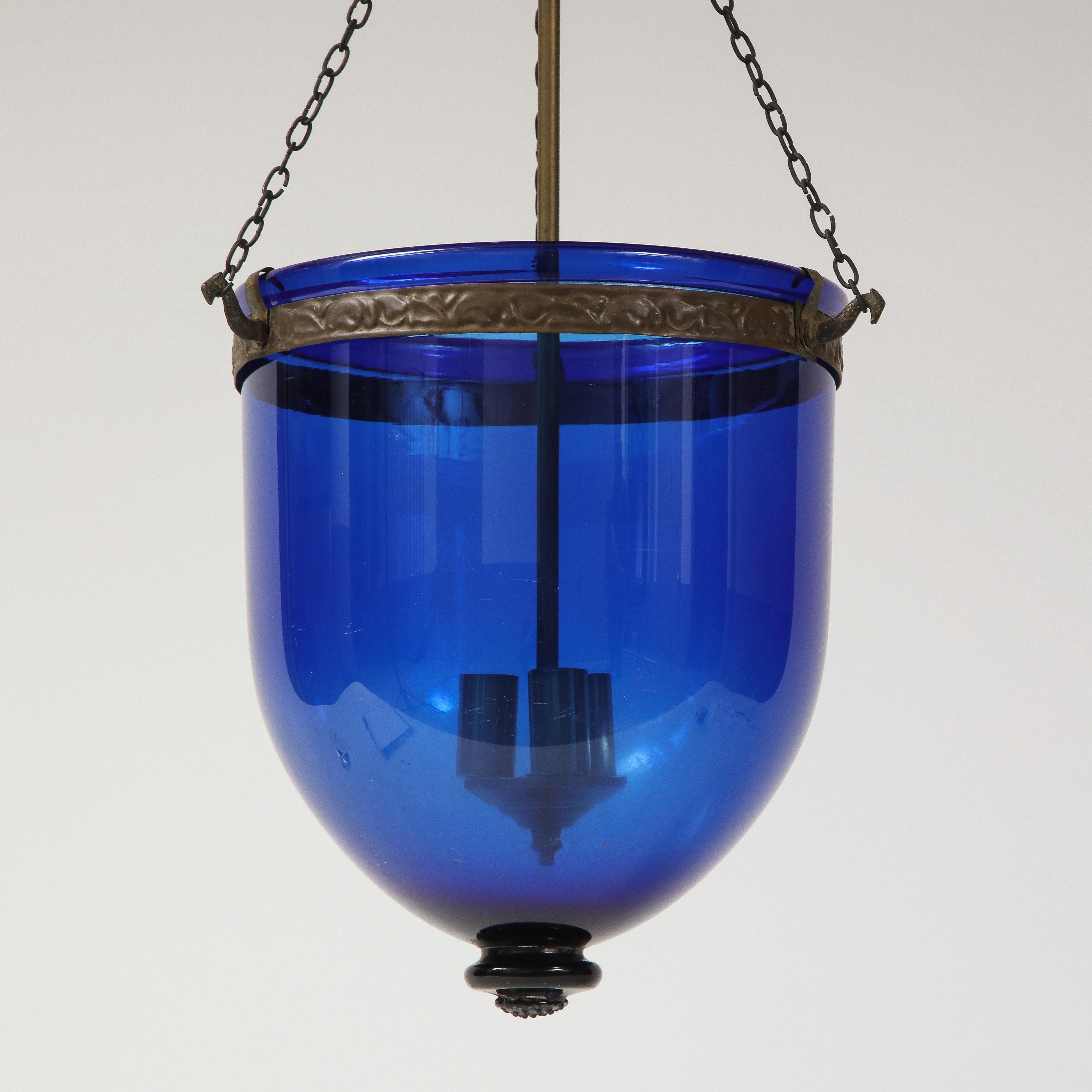 Victorian 19th Century English Cobalt Blue Glass Bell Jar Lantern