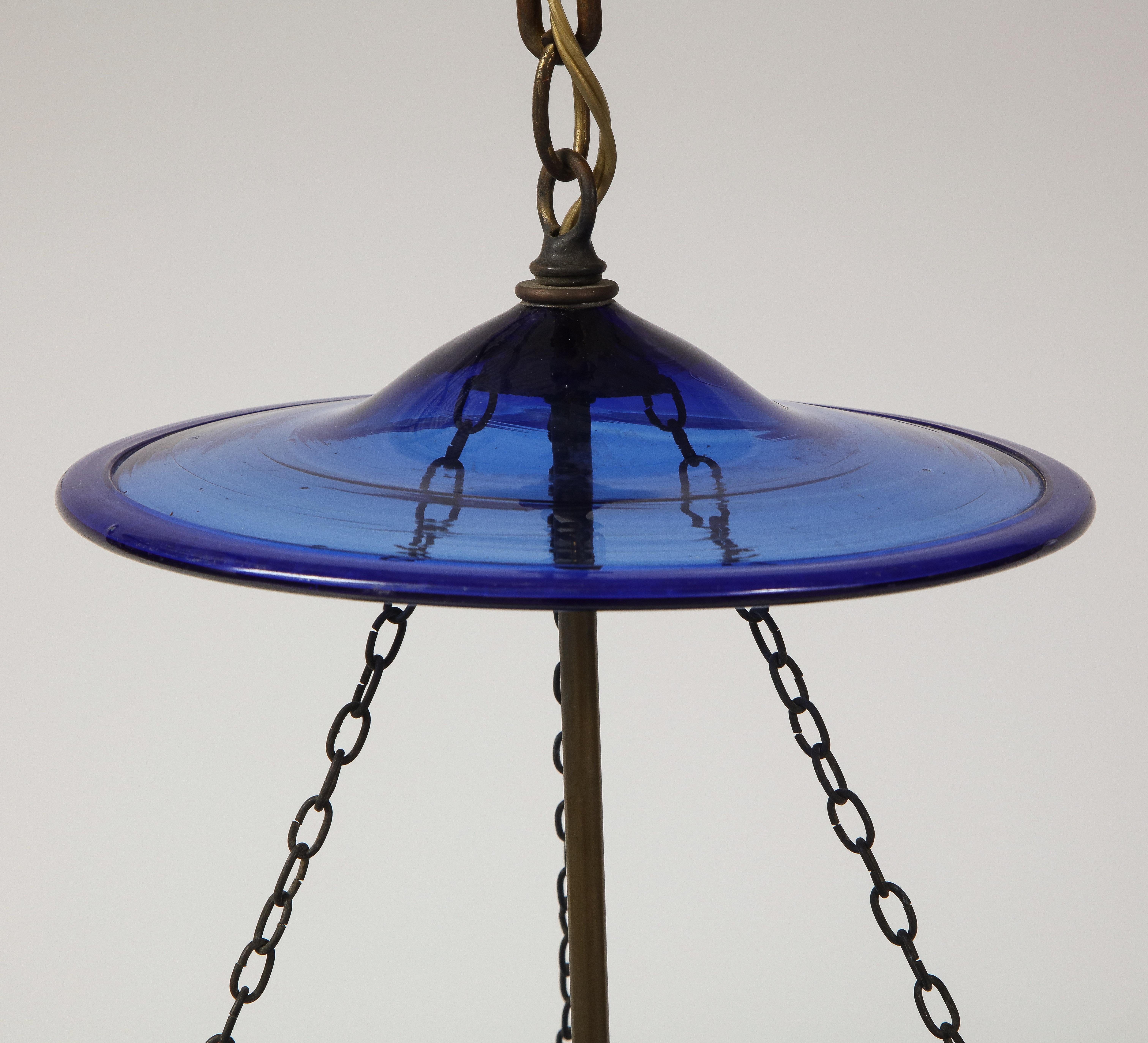 Brass 19th Century English Cobalt Blue Glass Bell Jar Lantern