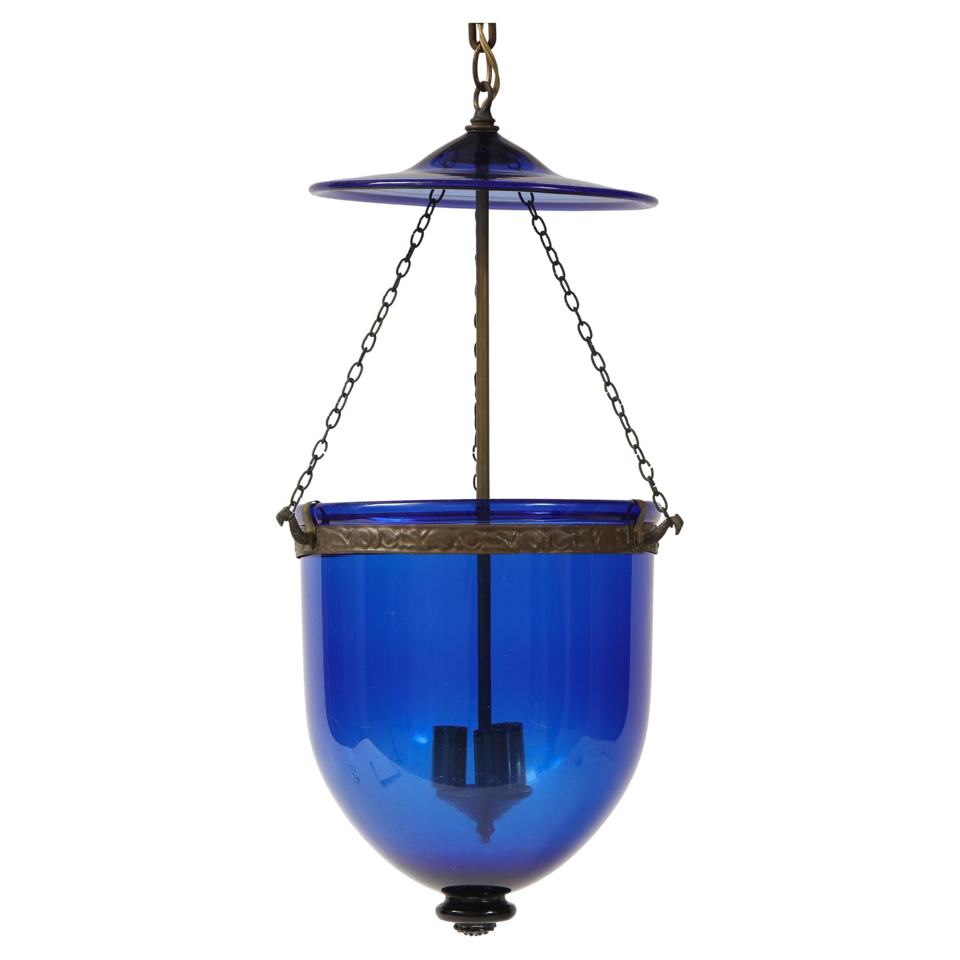 19th Century English Cobalt Blue Glass Bell Jar Lantern