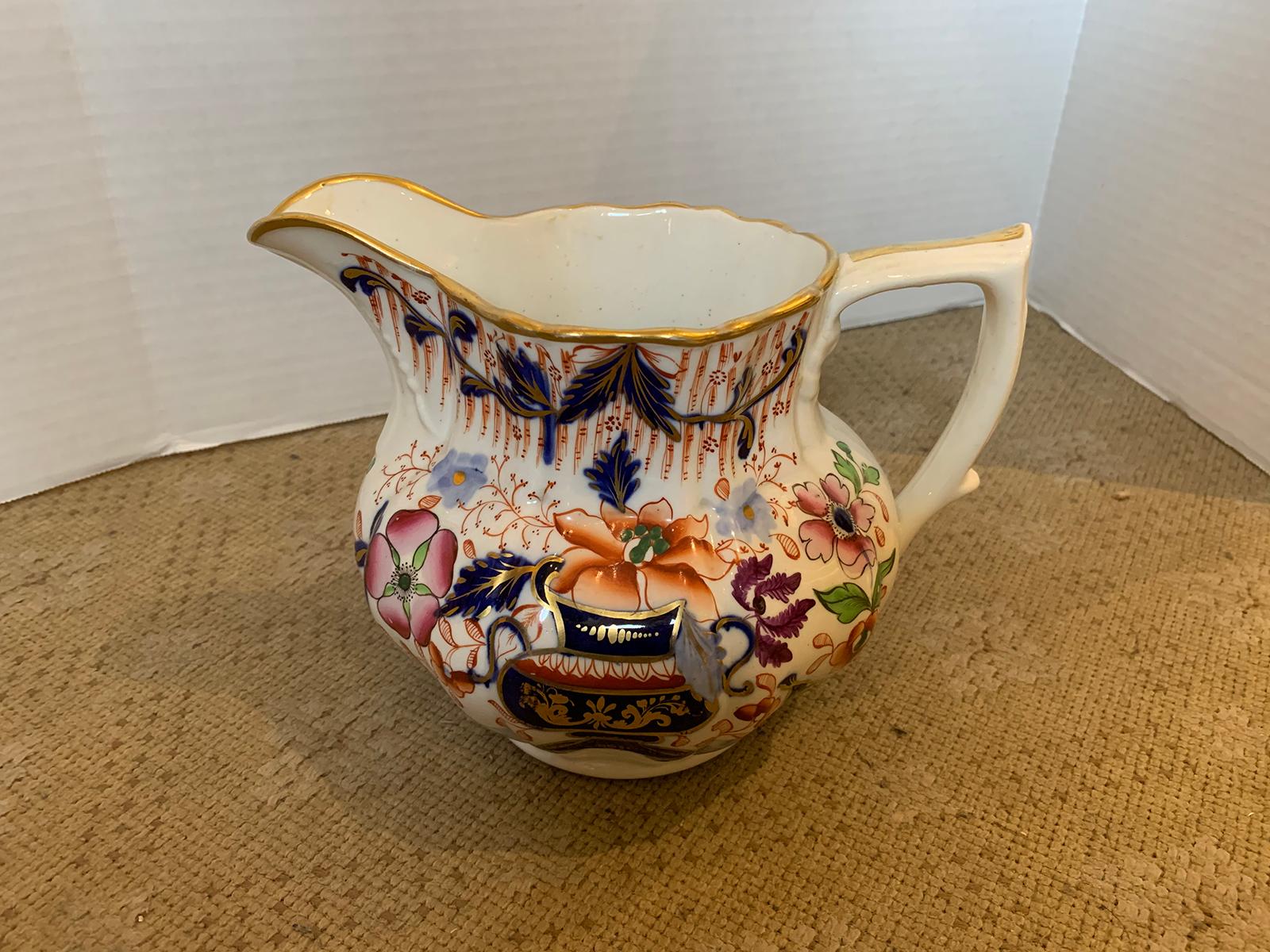 19th Century English Cobalt Blue and Orange Porcelain Pitcher with Gilt Details In Good Condition For Sale In Atlanta, GA