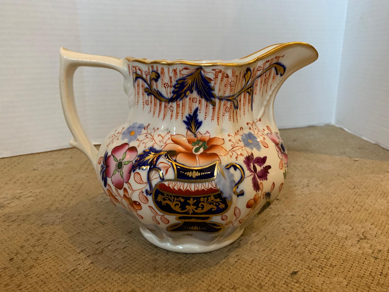 19th Century English Cobalt Blue and Orange Porcelain Pitcher with Gilt Details For Sale 2