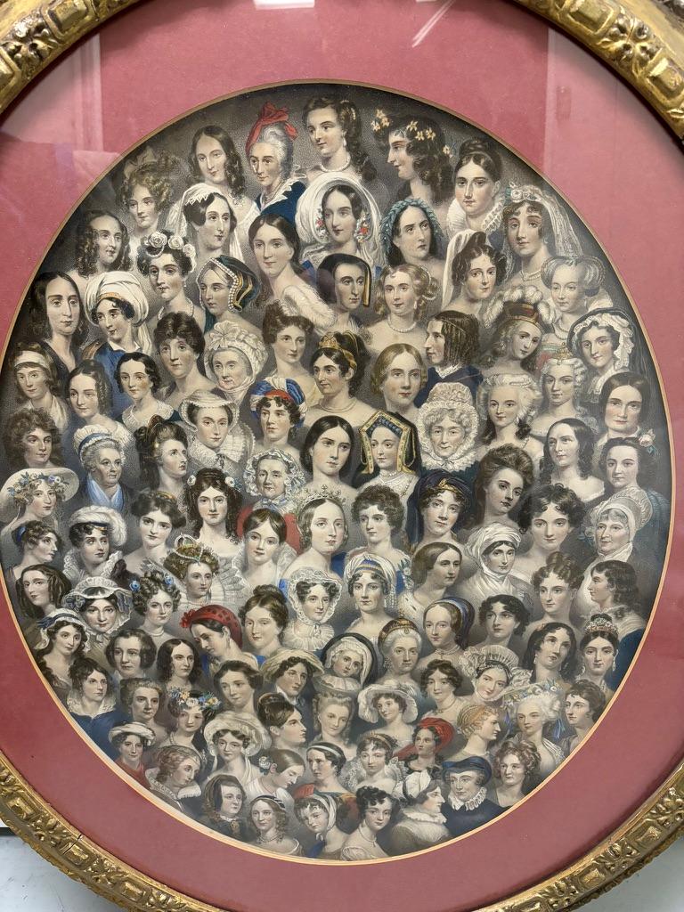 19th English Victorian color lithograph print titled 'Eminent Women' with the faces of prominent women crowded together in a large oval, in the original giltwood frame. Unusual and very cool!  A new mat was added at some point, not by me. 

This is