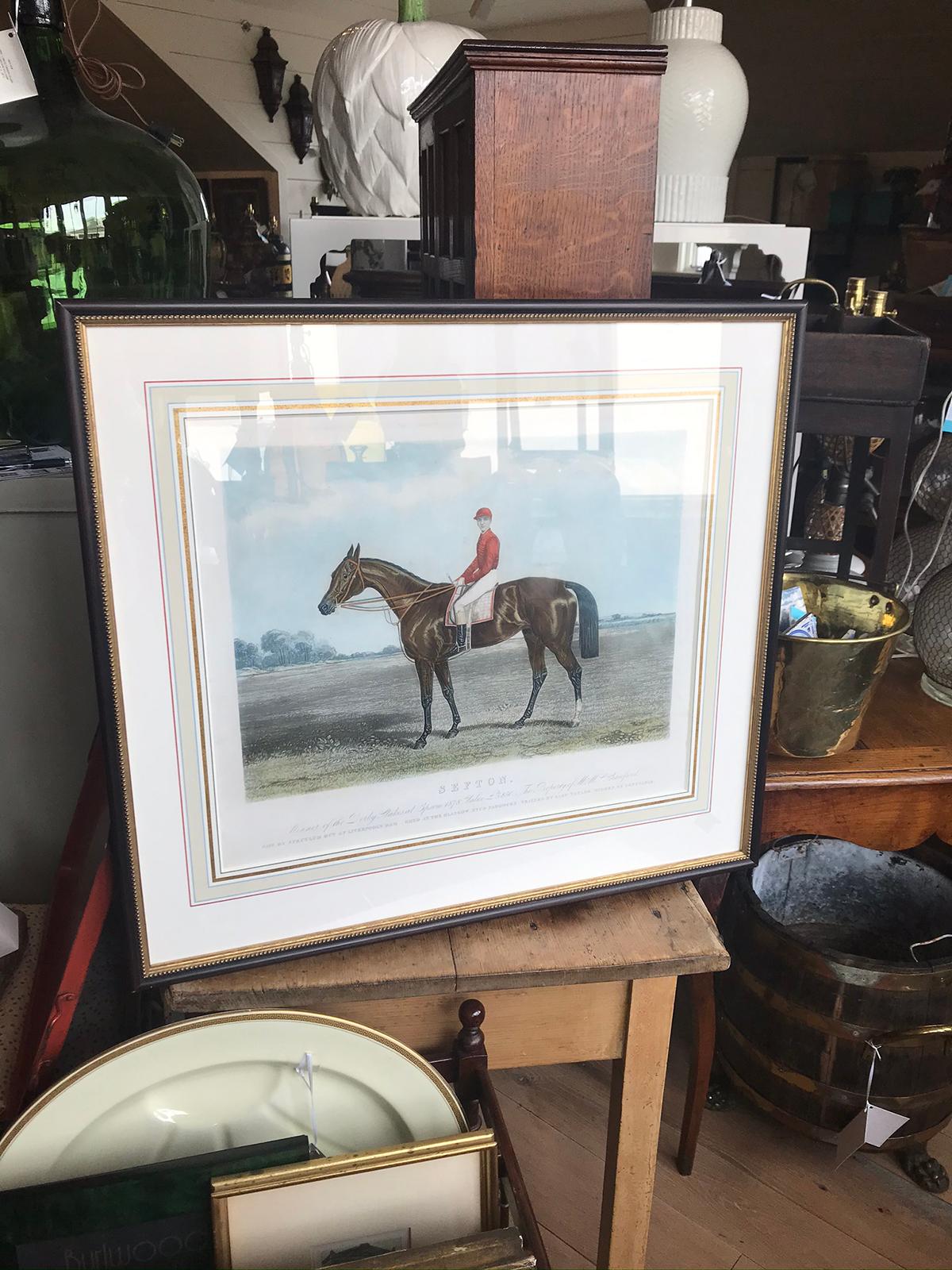 19th century circa 1878 English hand colored engraving of Sefton the Racehorse & Henry Constable equestrian.
