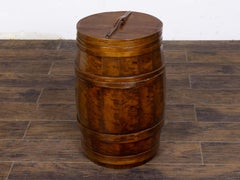 19th Century English Coopered Wood Lidded Barrel with Handle
