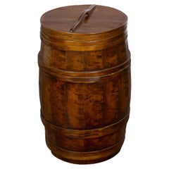 19th Century English Coopered Wood Lidded Barrel with Handle