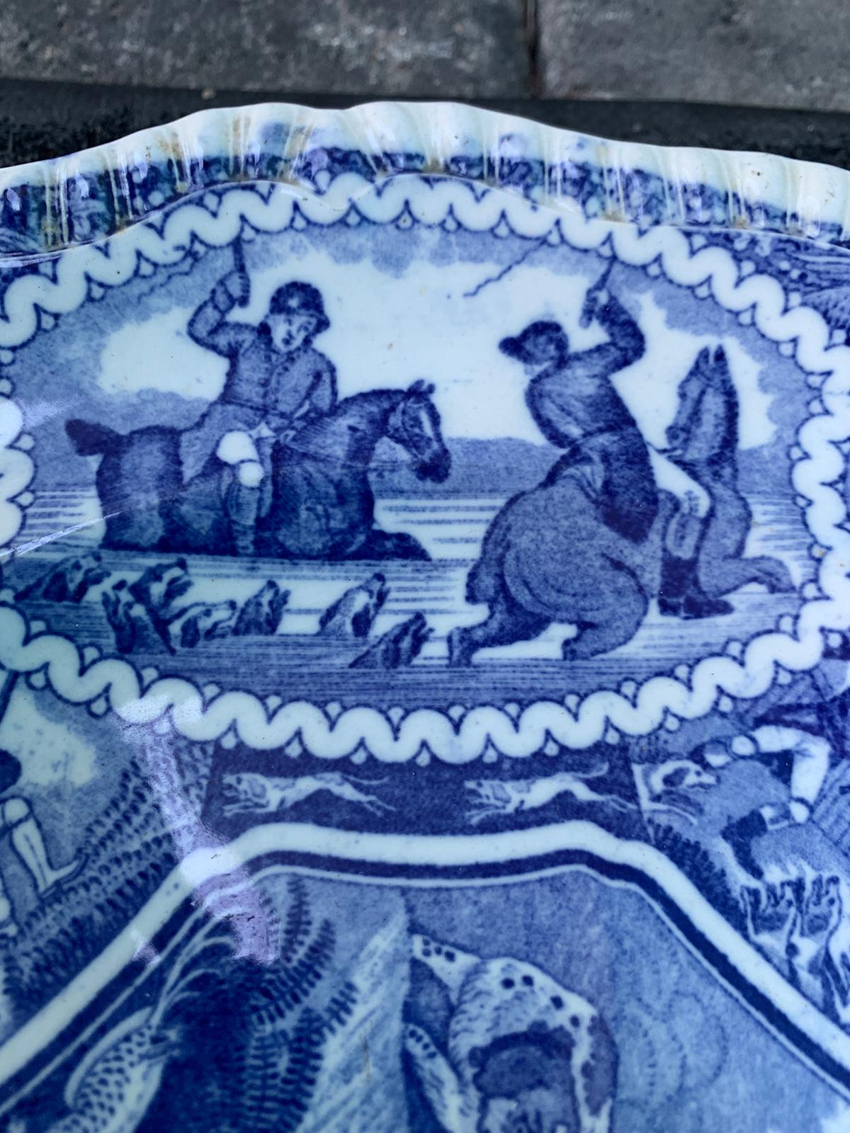 Porcelain 19th Century English Copeland Spode Blue & White Equestrian & Fox Hunting Plate