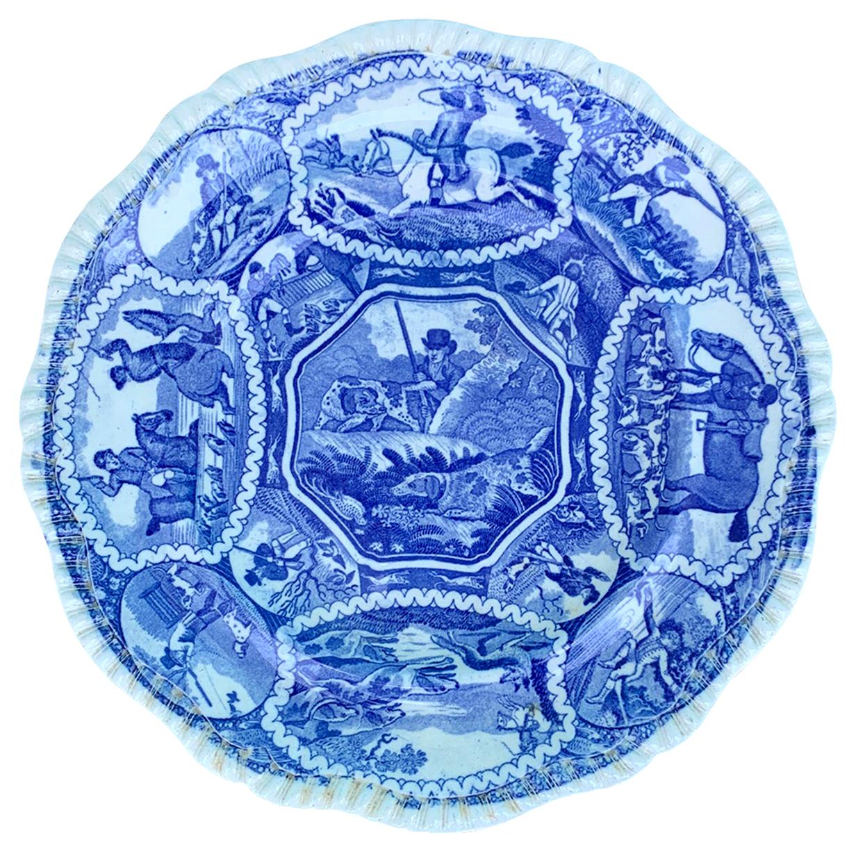 19th Century English Copeland Spode Blue & White Equestrian & Fox Hunting Plate