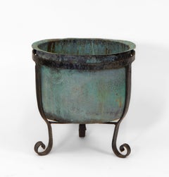 19th Century English Copper Verdigris Planter On Wrought Iron Stand