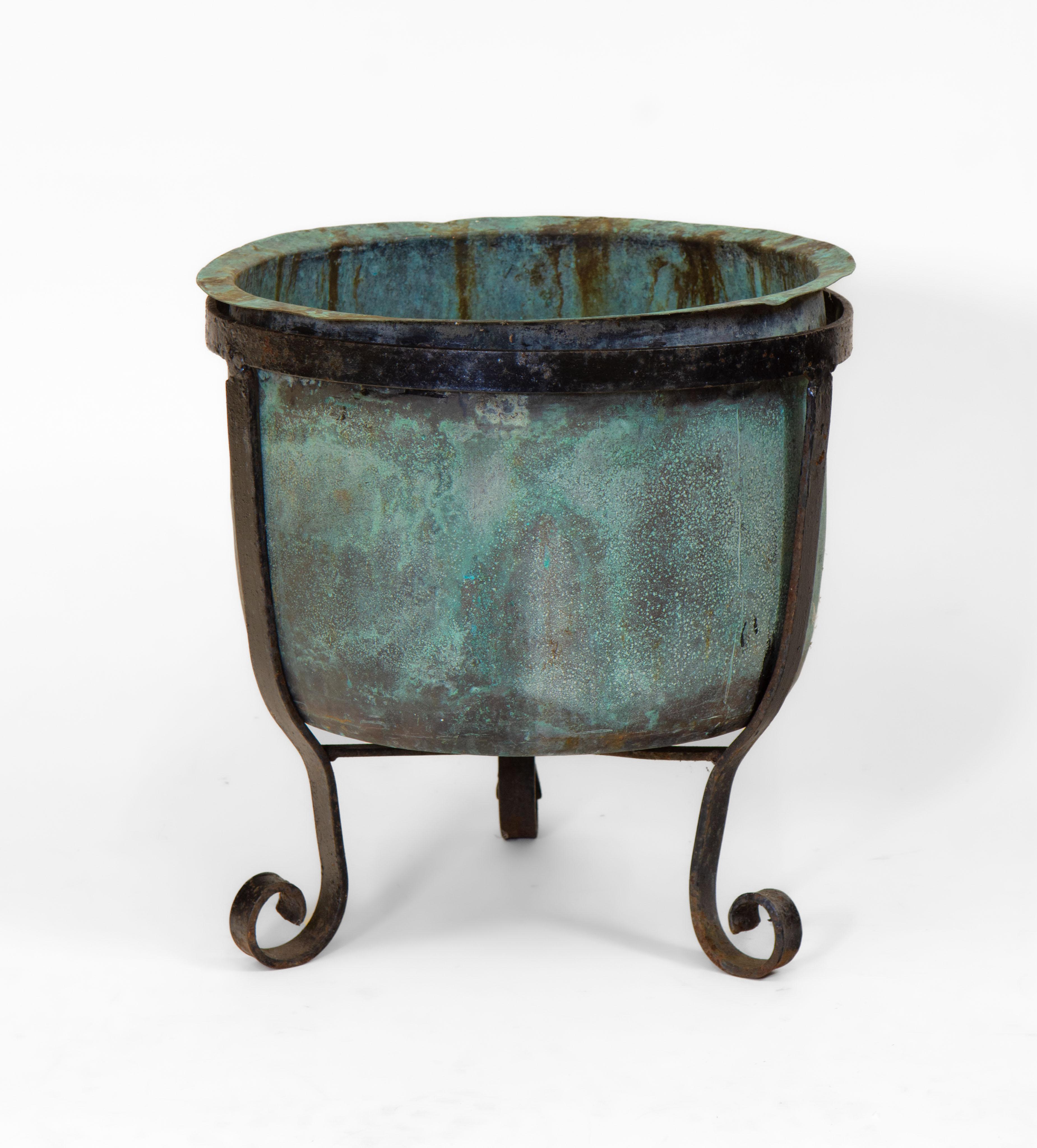 Hand-Crafted 19th Century English Copper Verdigris Planter On Wrought Iron Stand