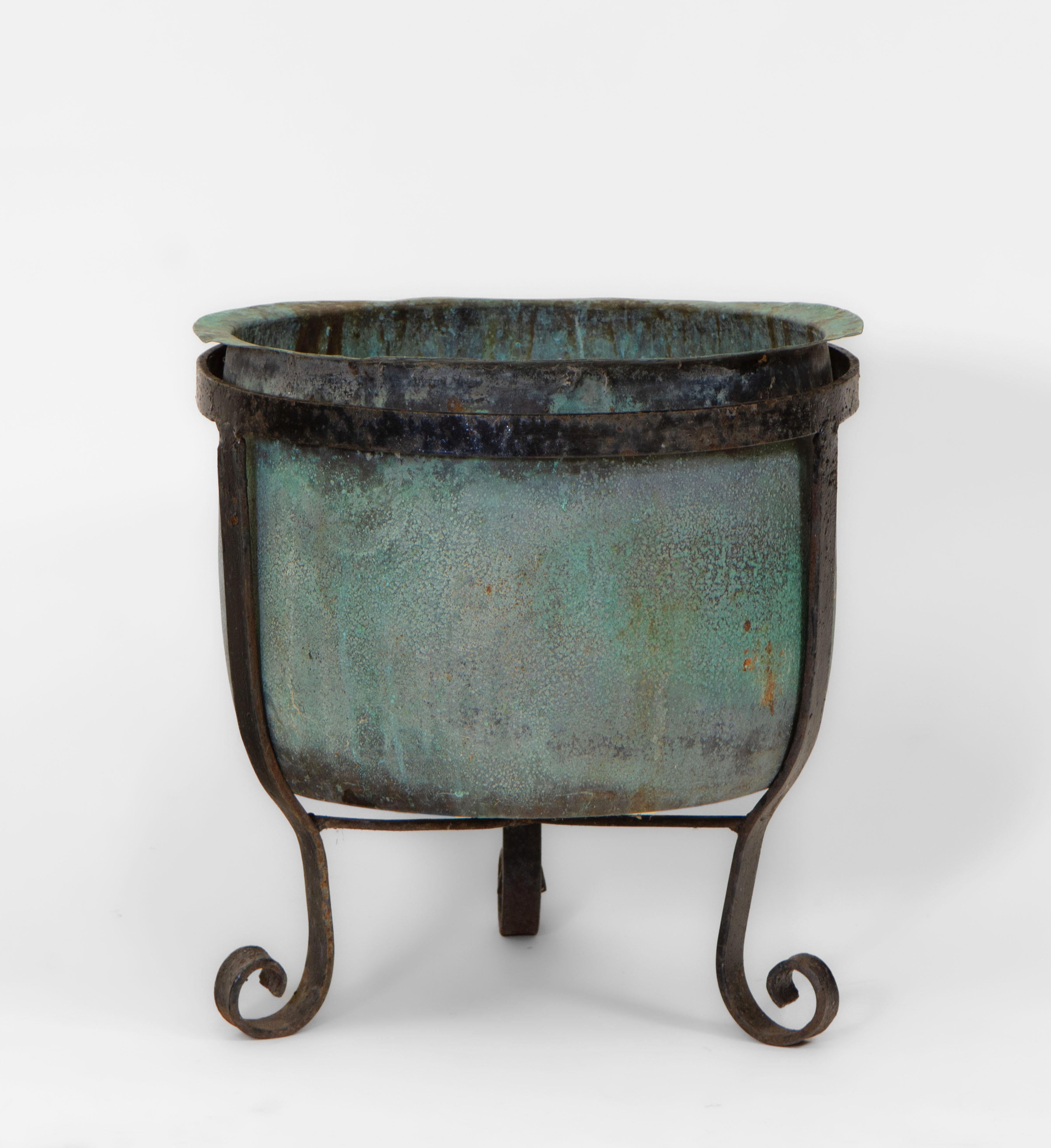 19th Century English Copper Verdigris Planter On Wrought Iron Stand In Fair Condition In Norwich, GB