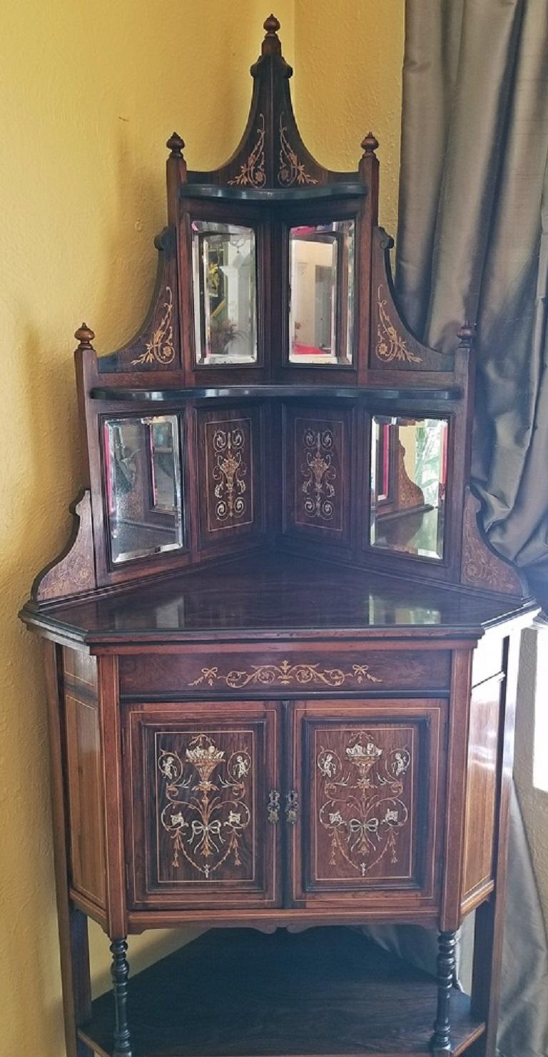 19C English Marquetry Inlaid Corner Cabinet Attributed to Collinson and Lock For Sale 1