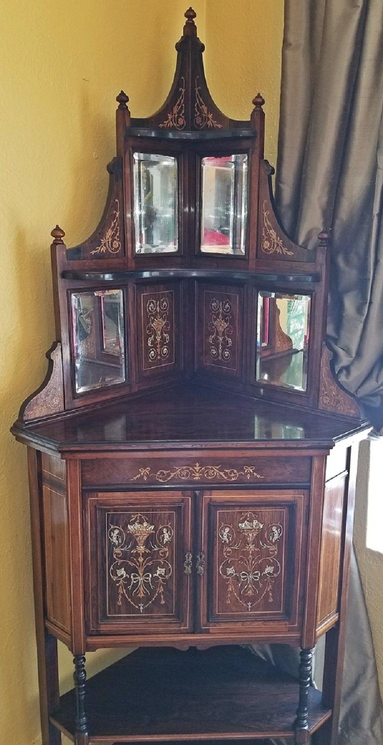 19C English Marquetry Inlaid Corner Cabinet Attributed to Collinson and Lock For Sale 2