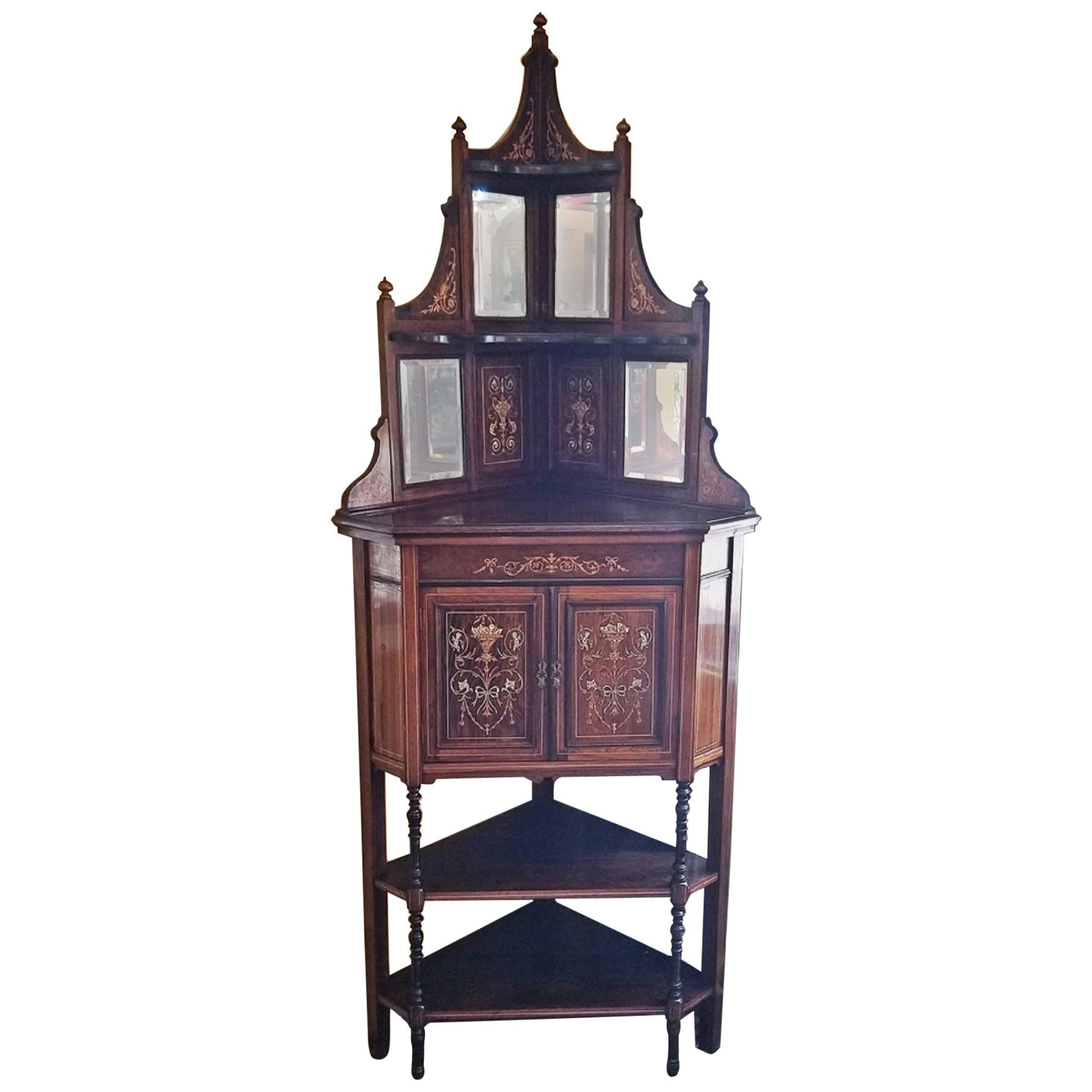 19C English Marquetry Inlaid Corner Cabinet Attributed to Collinson and Lock