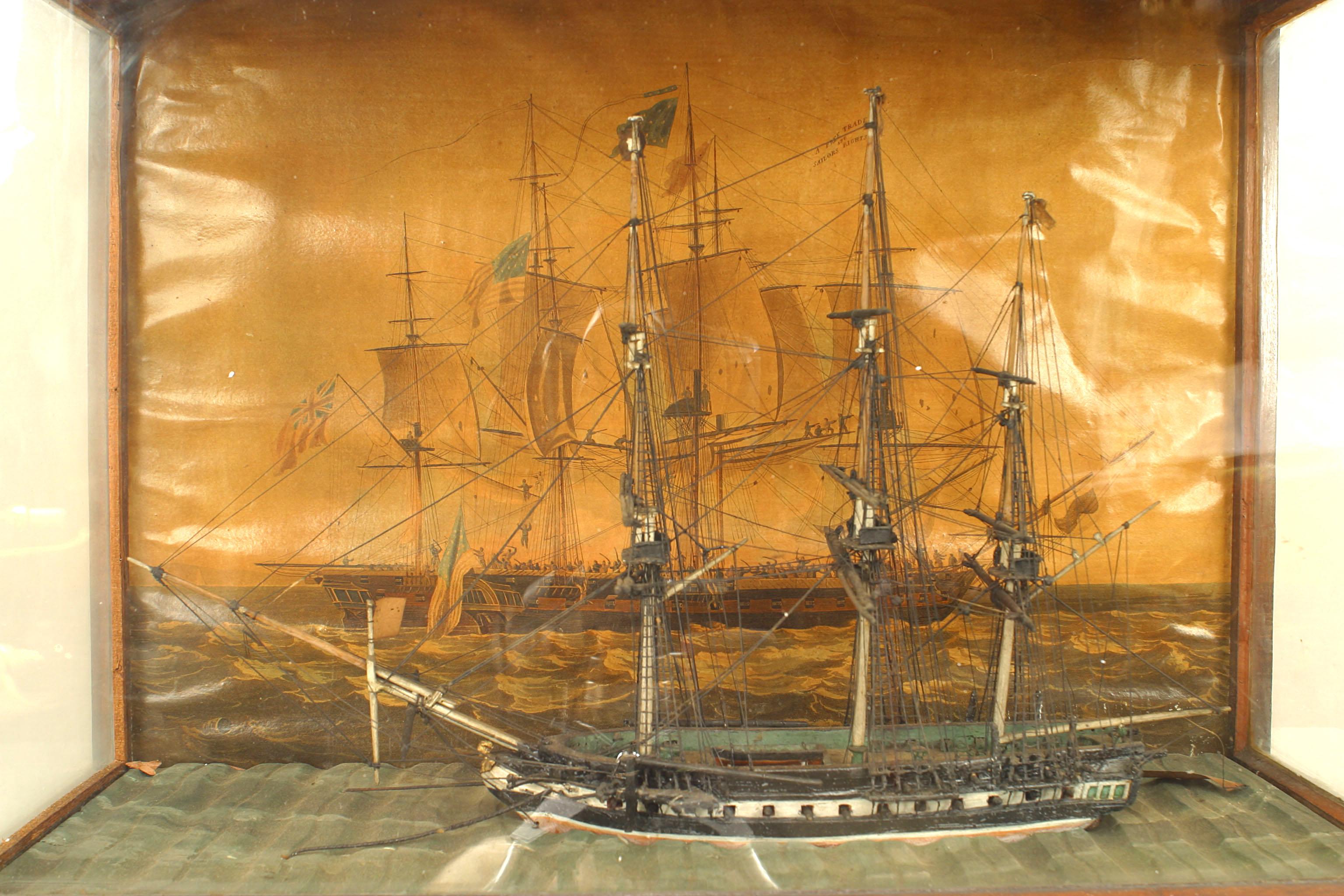 American Country style (19th century) painted diorama wall plaque with clipper ship and American ship painted on back in mahogany frame encased in a wood and glass case.
 