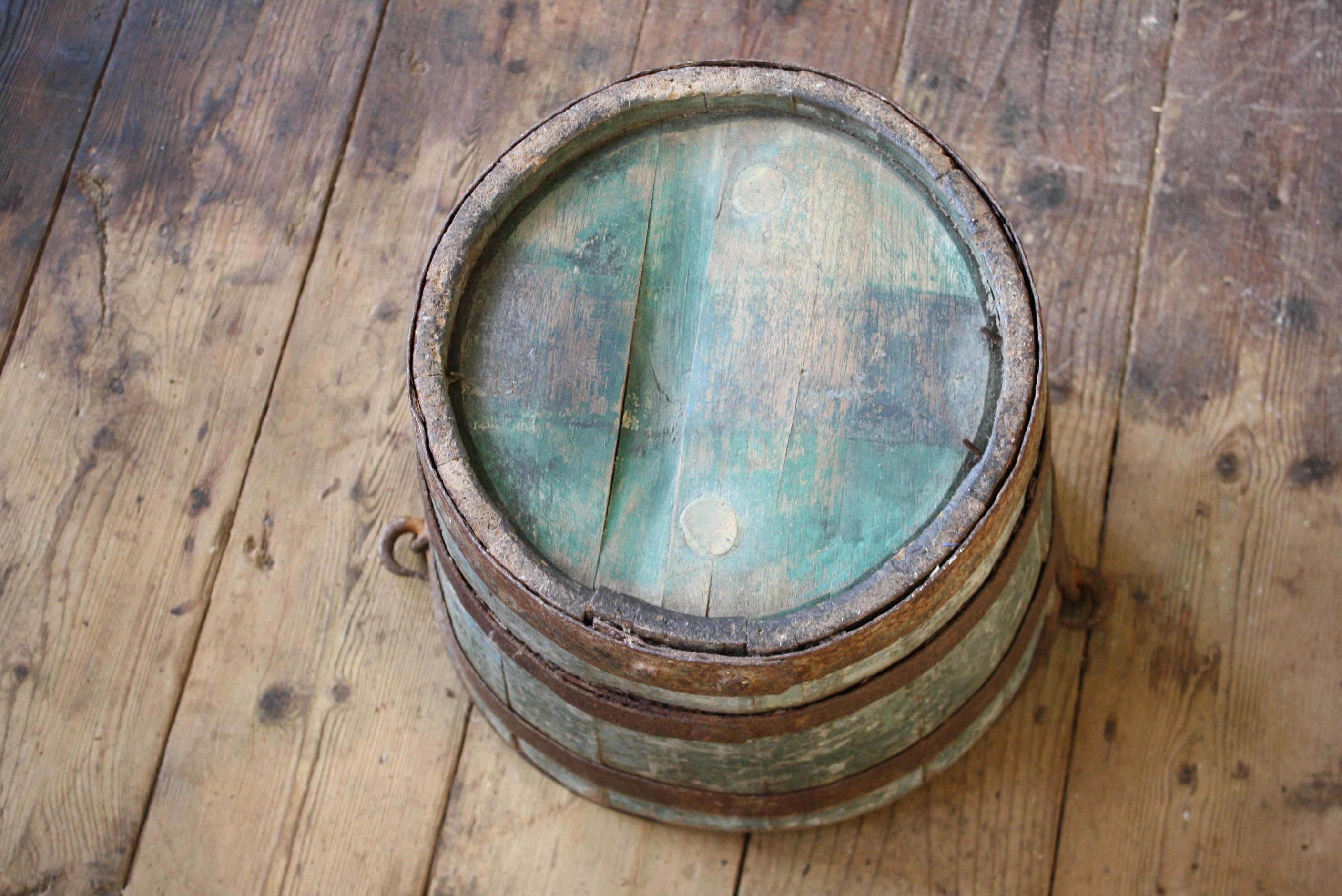 19th Century English Country Garden Green Blue Well Bucket Planter Log Bin For Sale 1