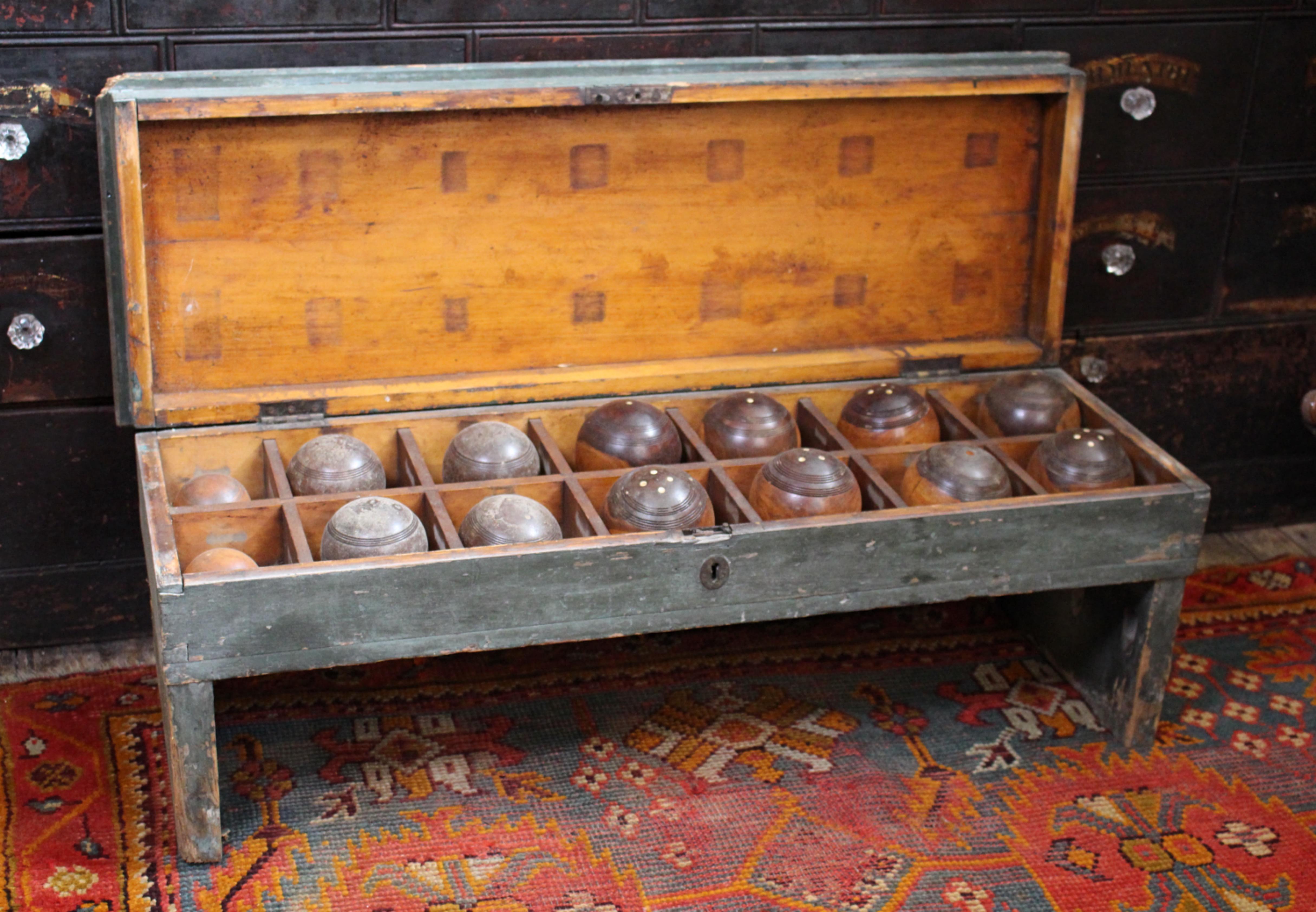 19th Century English Country House Bowls Bench Hallway Original Paint For Sale 7