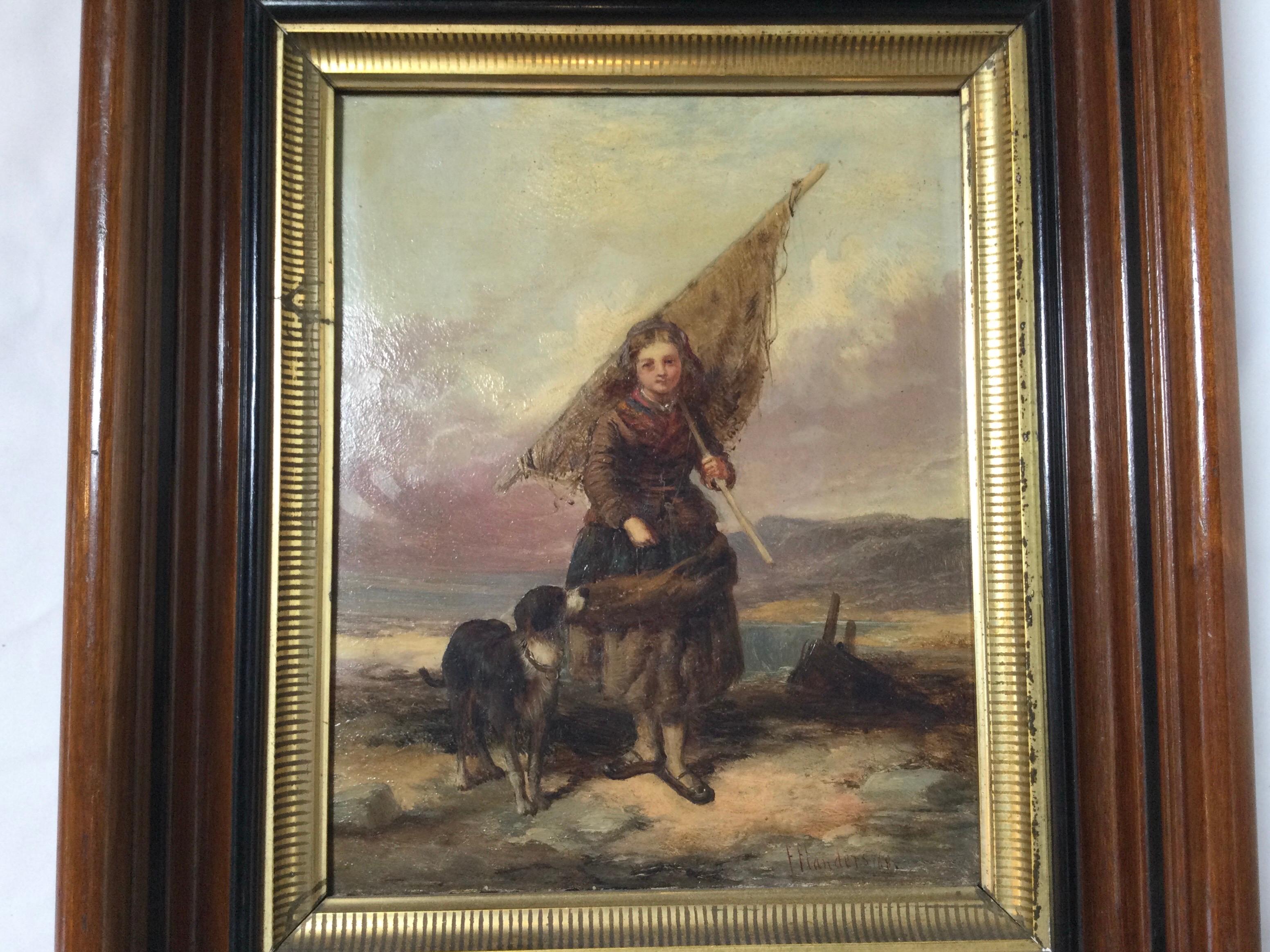 Charming oil painting of a you village girl with dog. The original walnut frame with gilt liner with ebonized striping all around. The painting is signed in the lower corner F. Flanders and painted in 1868. The back of the artist board, labeled Geo.