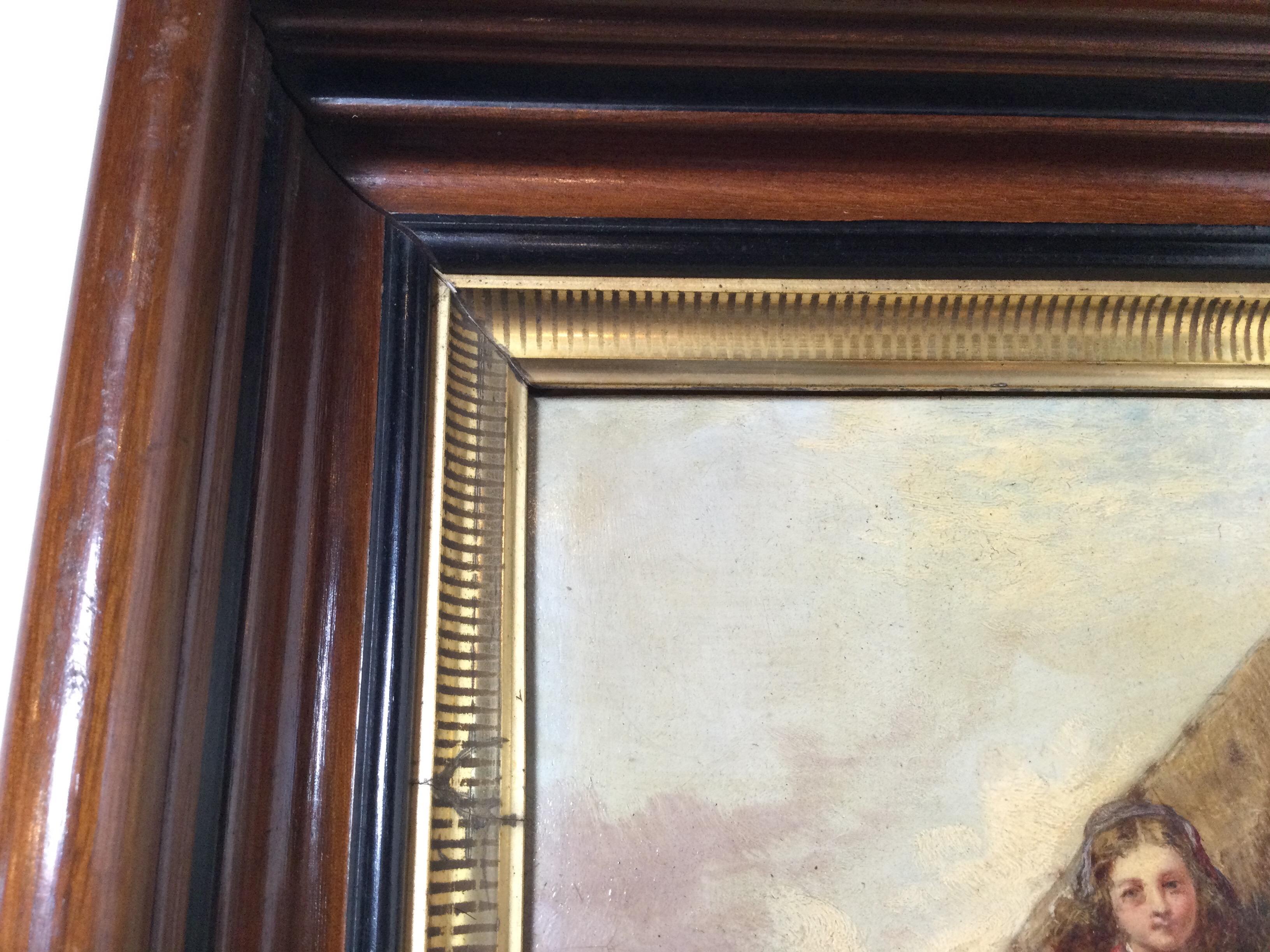 Mid-19th Century 19th Century English Country Scene Oil Painting in Walnut Frame