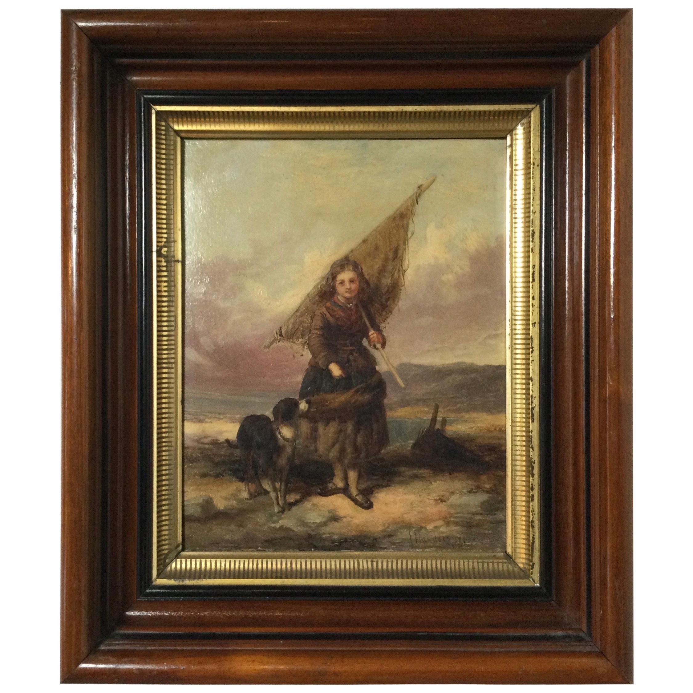 19th Century English Country Scene Oil Painting in Walnut Frame