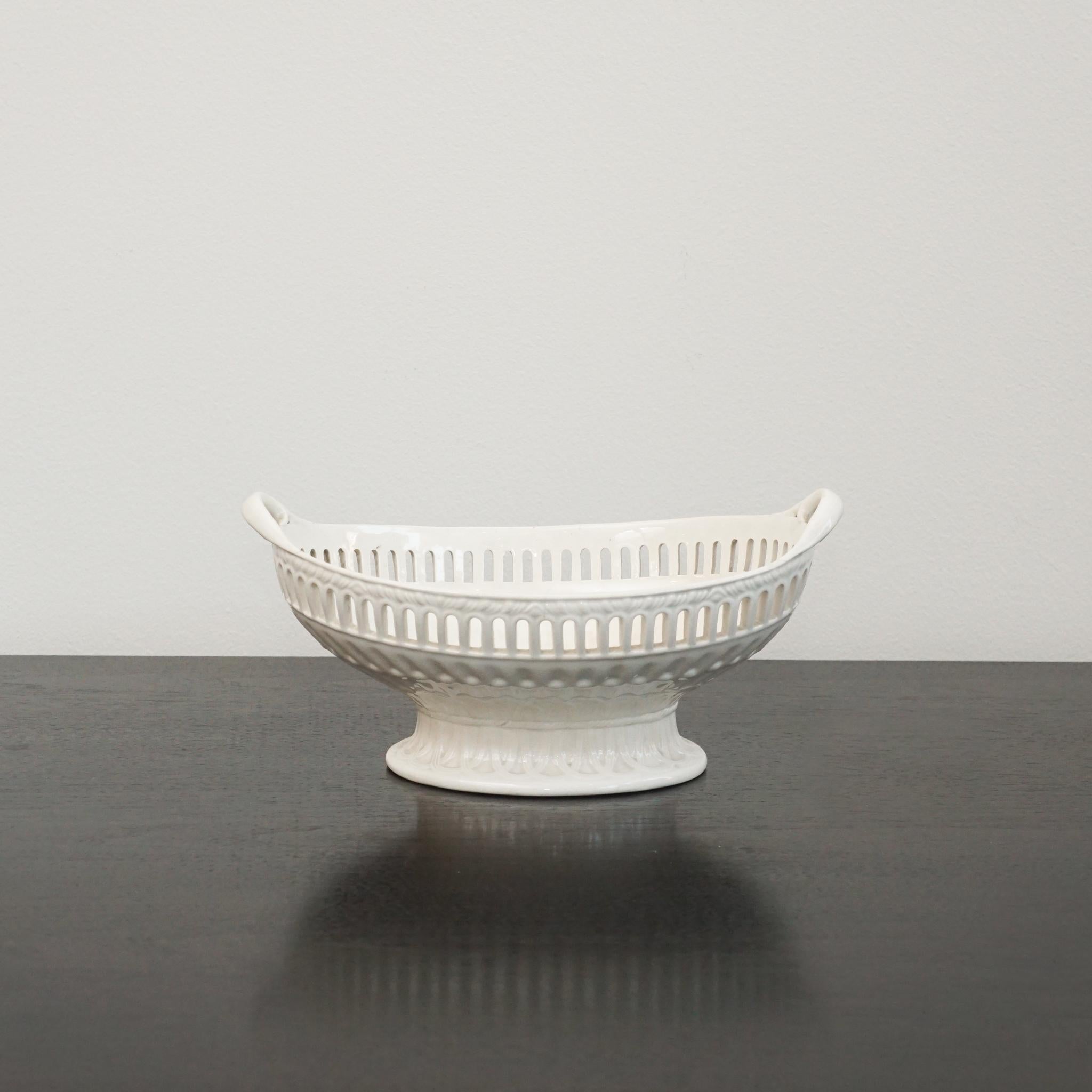 Glazed 19th Century English Creamware Oval Basket and Stand For Sale