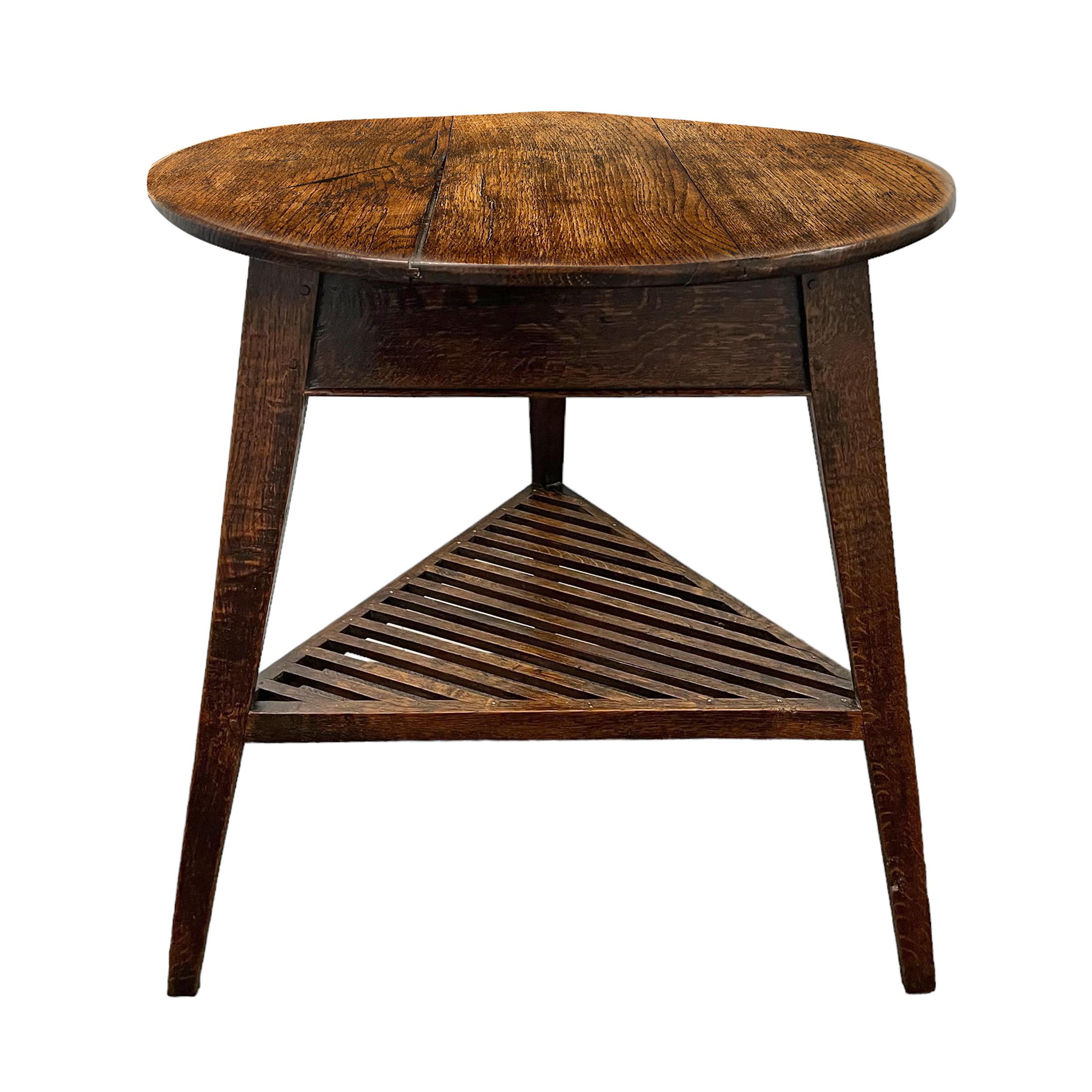 Oak 19th Century English Cricket Table with Lattice Shelf For Sale