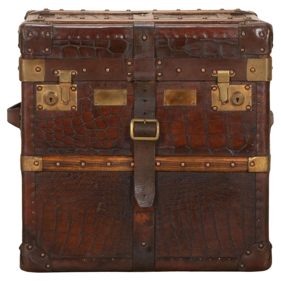 19th Century English Crocodile Pressed Leather Trunk For Sale