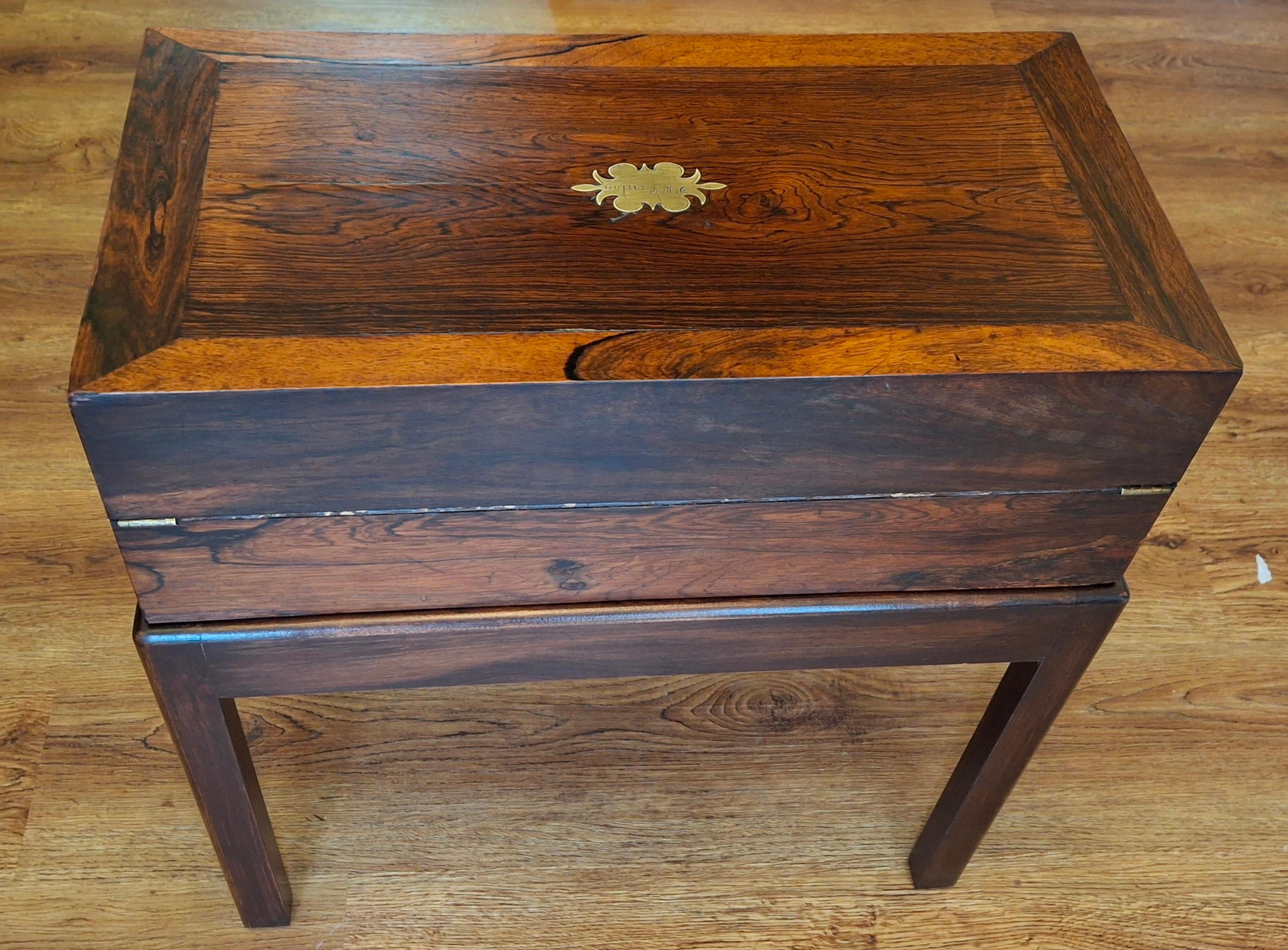 19th Century English Crossbanded Rosewood Lap Desk Travel Desk on Stand For Sale 11