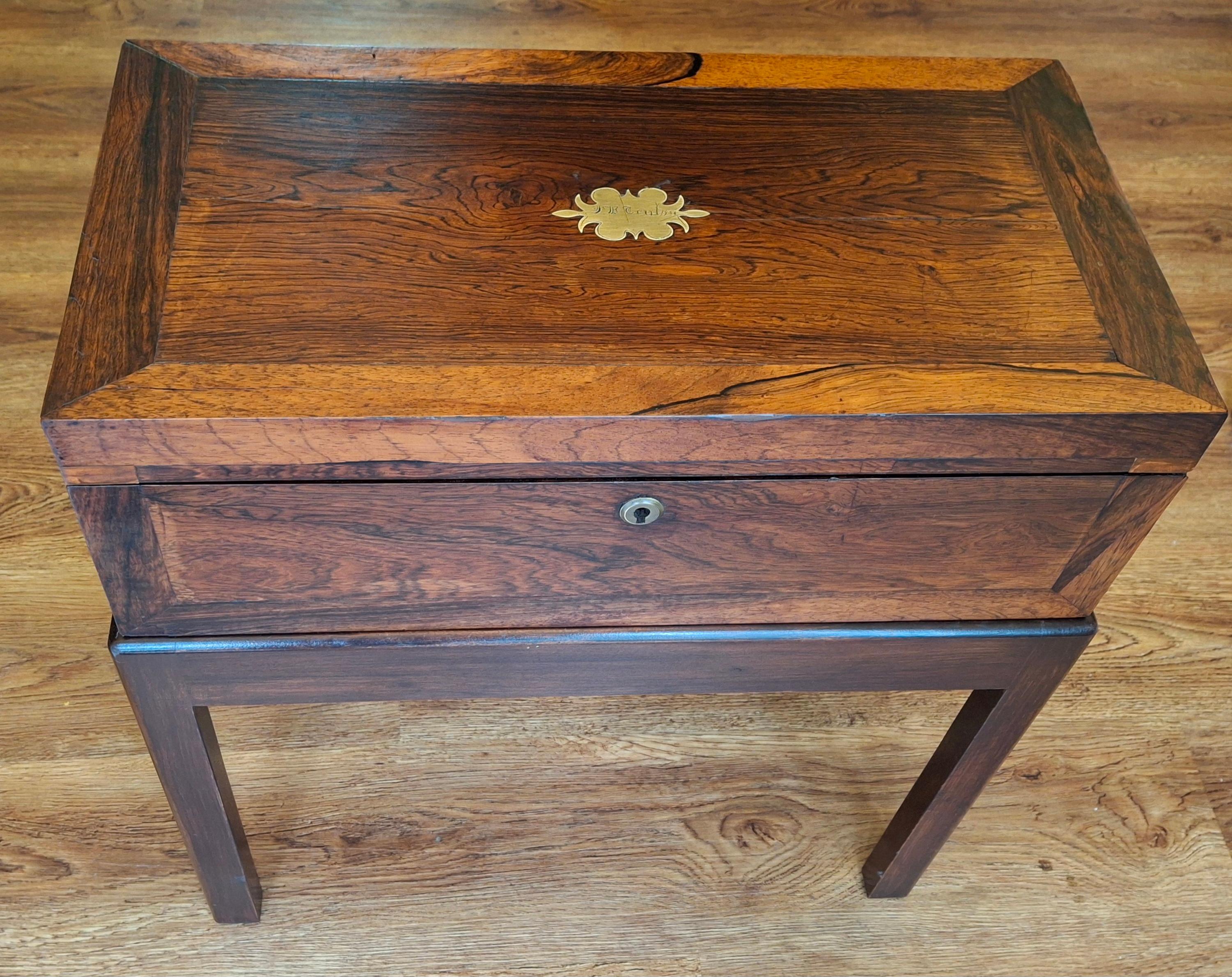 19th Century English Crossbanded Rosewood Lap Desk Travel Desk on Stand For Sale 13