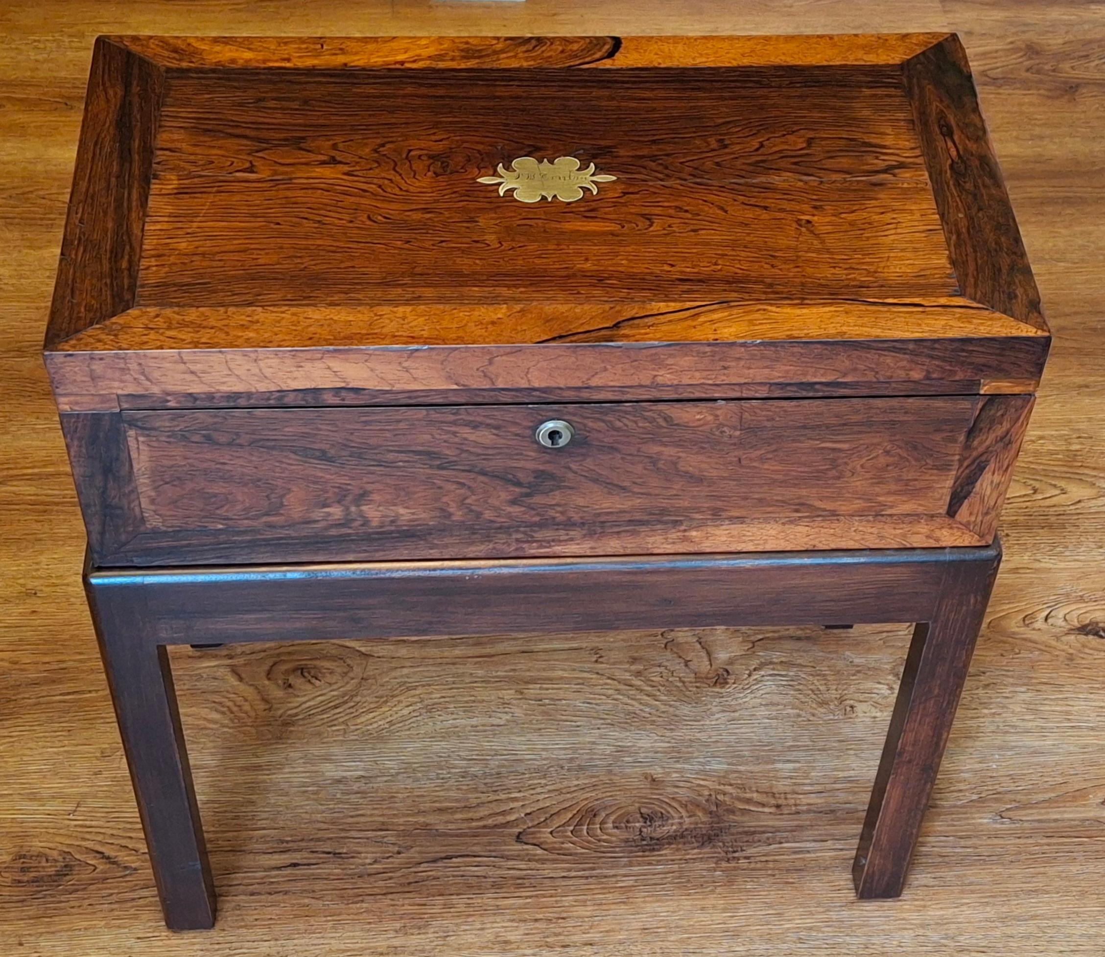 19th Century English Crossbanded Rosewood Lap Desk Travel Desk on Stand.
New Refinished. 
Measures 20.5 