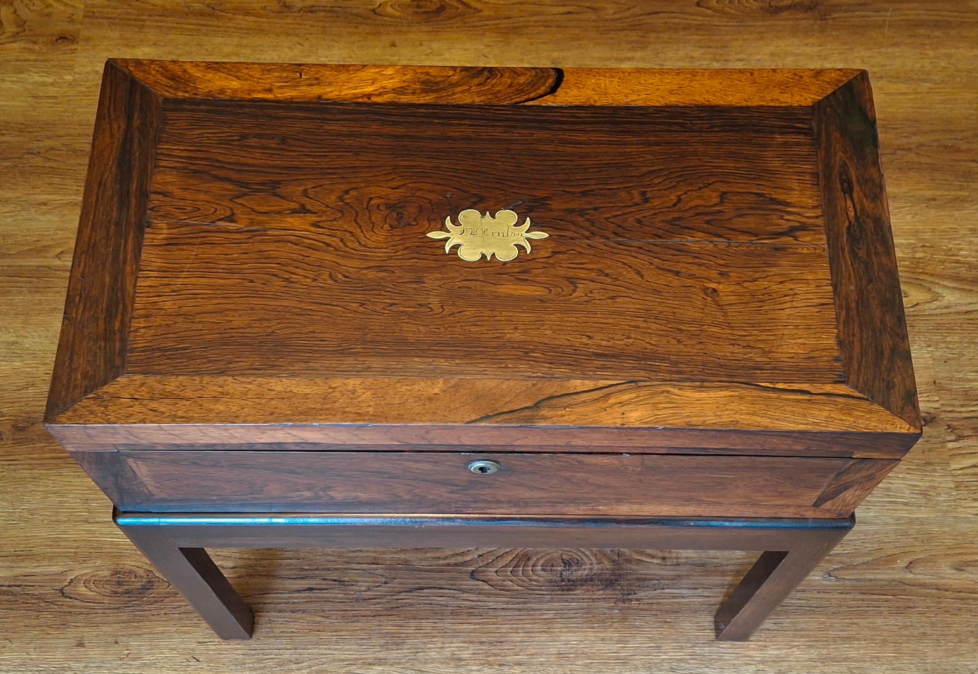 Victorian 19th Century English Crossbanded Rosewood Lap Desk Travel Desk on Stand For Sale