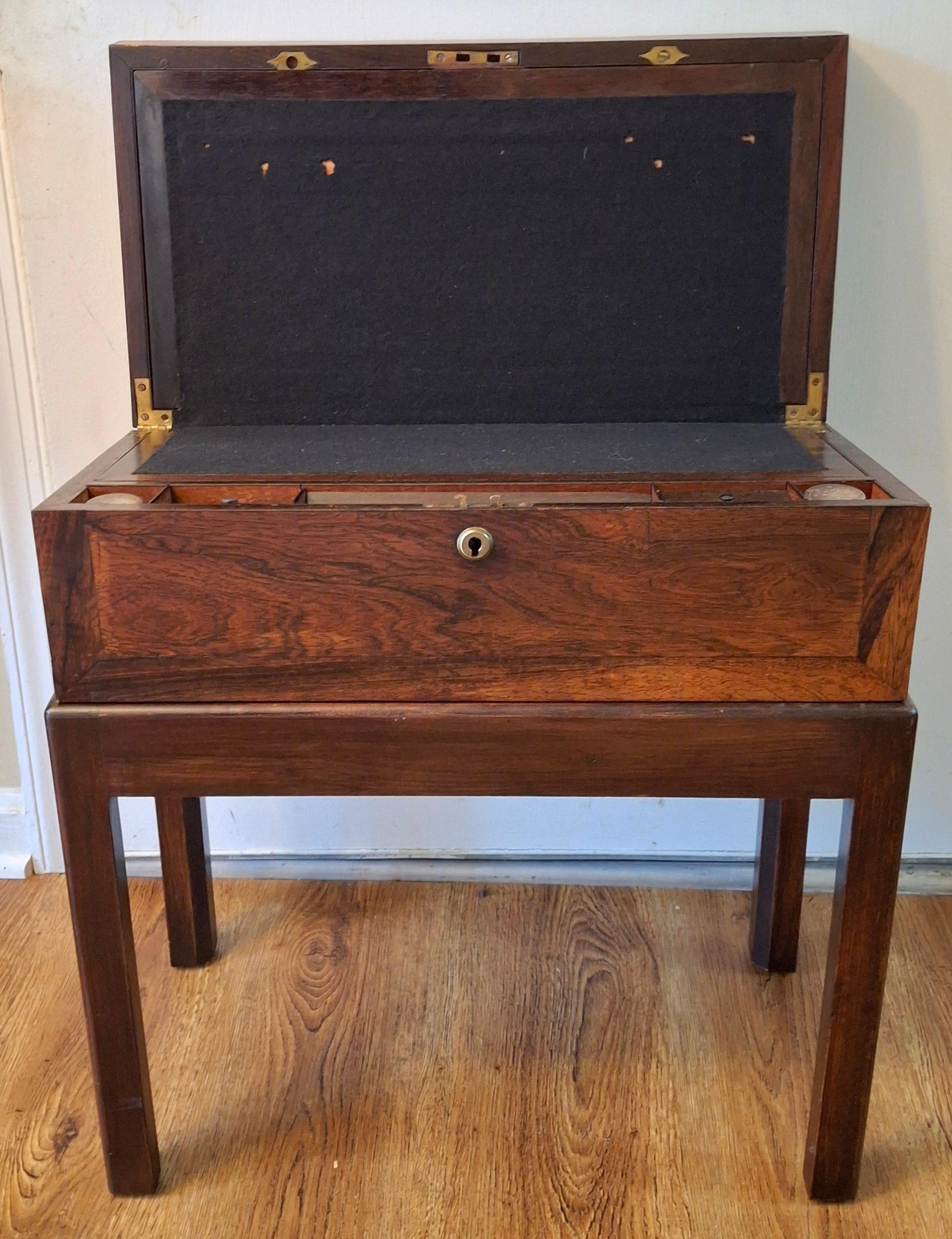 19th Century English Crossbanded Rosewood Lap Desk Travel Desk on Stand For Sale 1