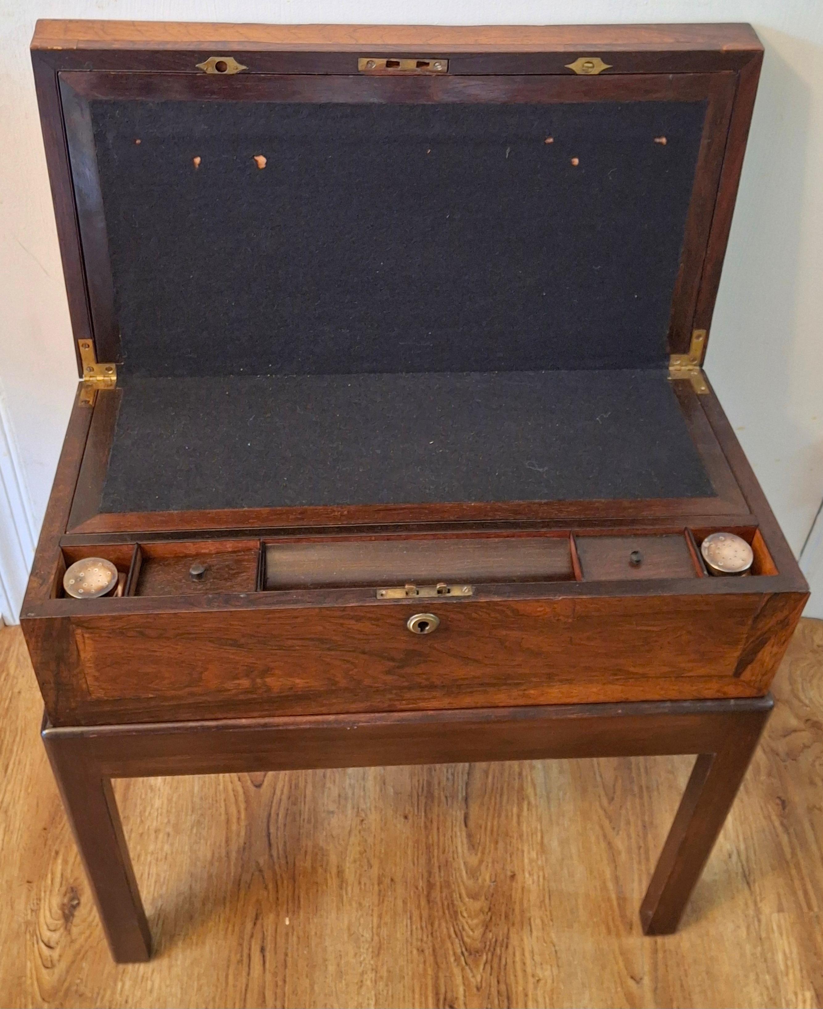 19th Century English Crossbanded Rosewood Lap Desk Travel Desk on Stand For Sale 2