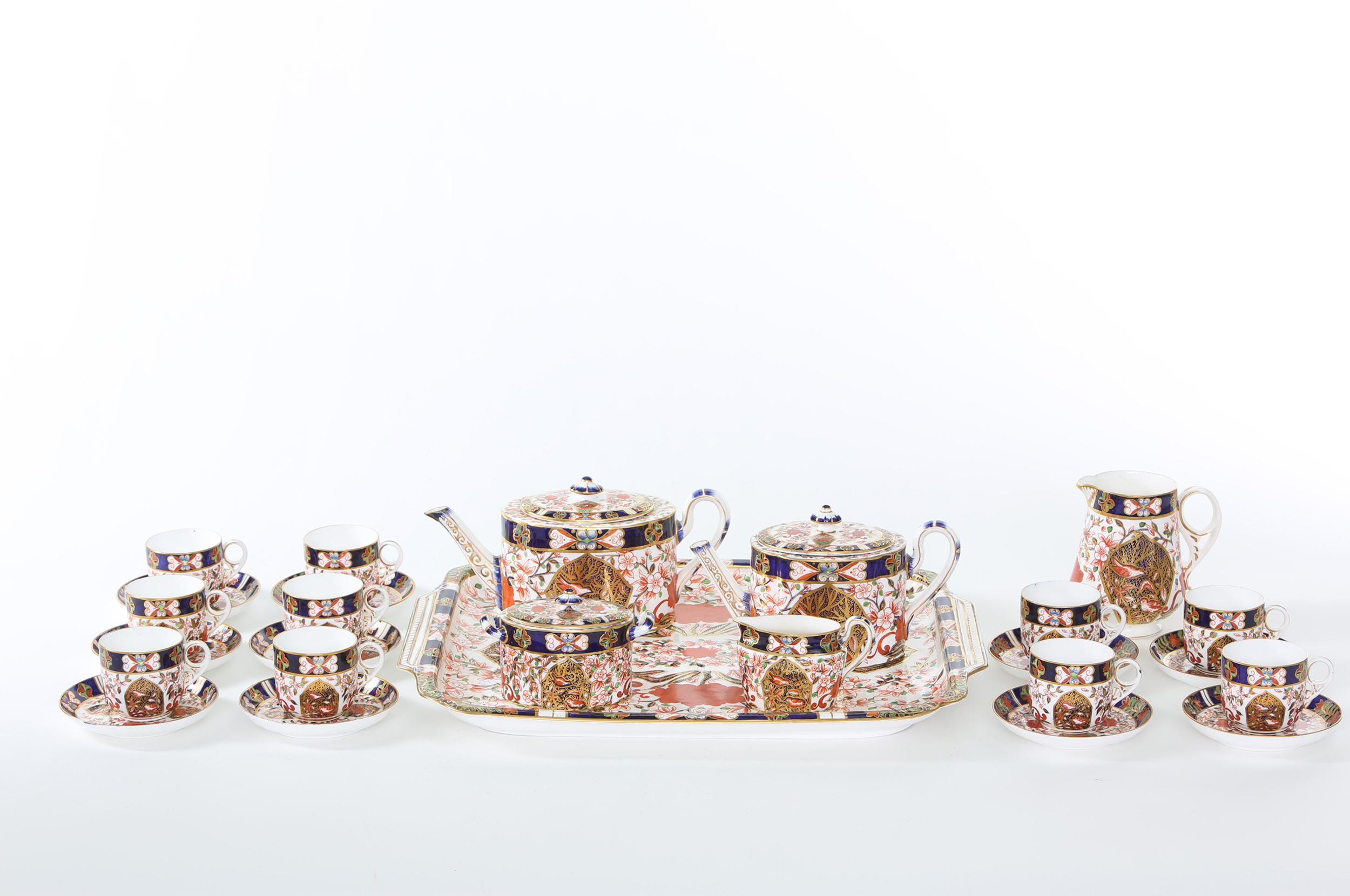 19th century English Royal Crown Derby Porcelain tea / coffee service for ten people. Each piece is in great antique condition. Maker's mark undersigned with Red Iron Mark 198. Service include tea pot 9.5