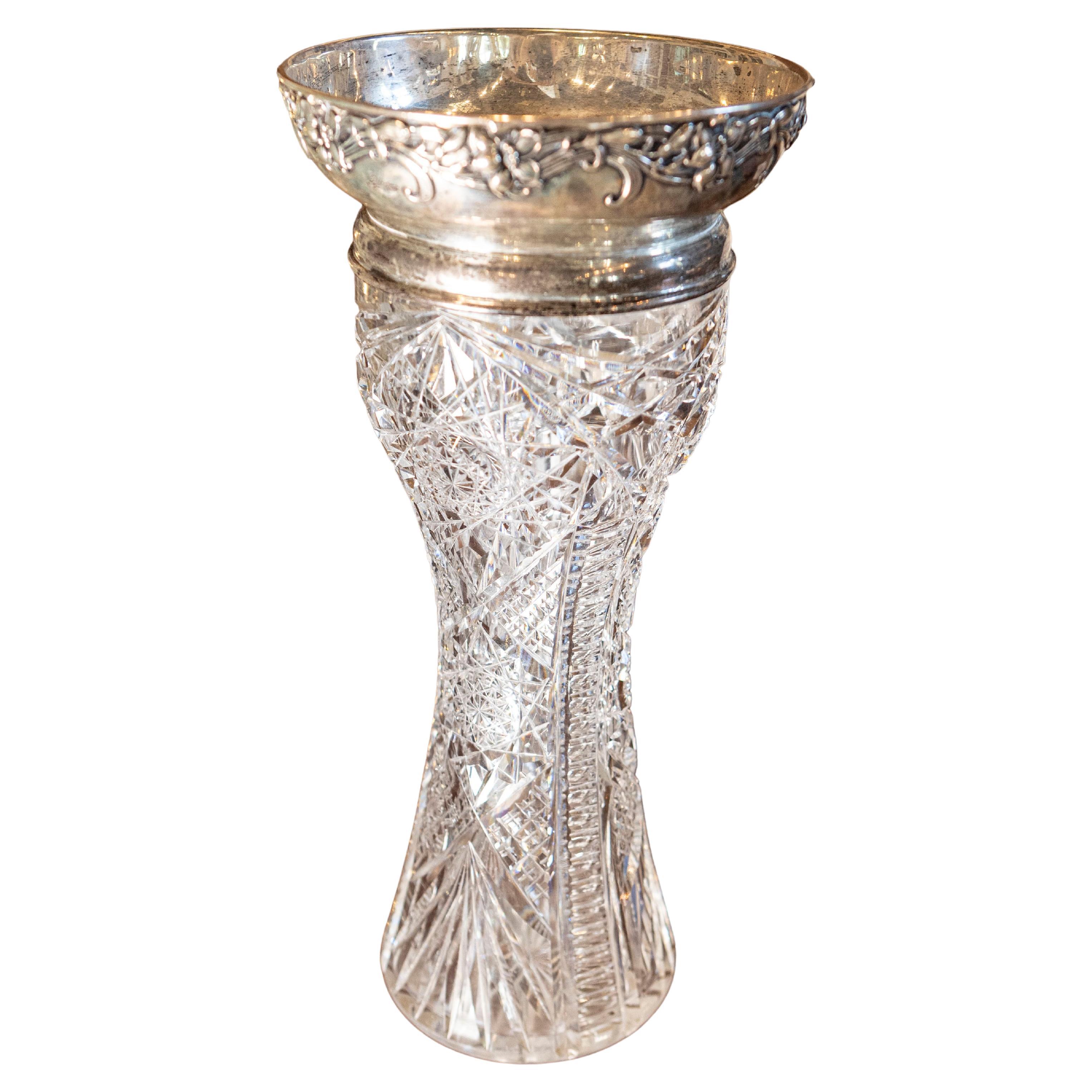 19th Century English Cut Crystal Vase with Sterling Silver Rim