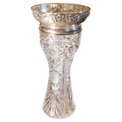 19th Century English Cut Crystal Vase with Sterling Silver Rim