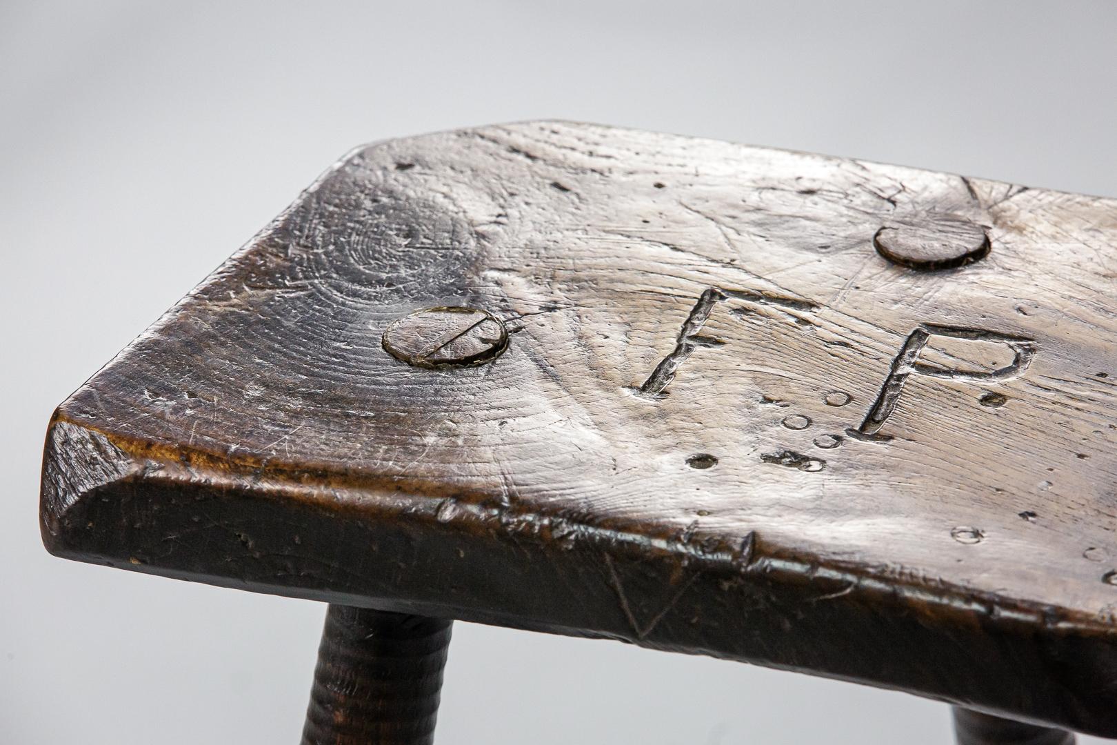 Wood 19th Century English Cutlers Stool Initialed 